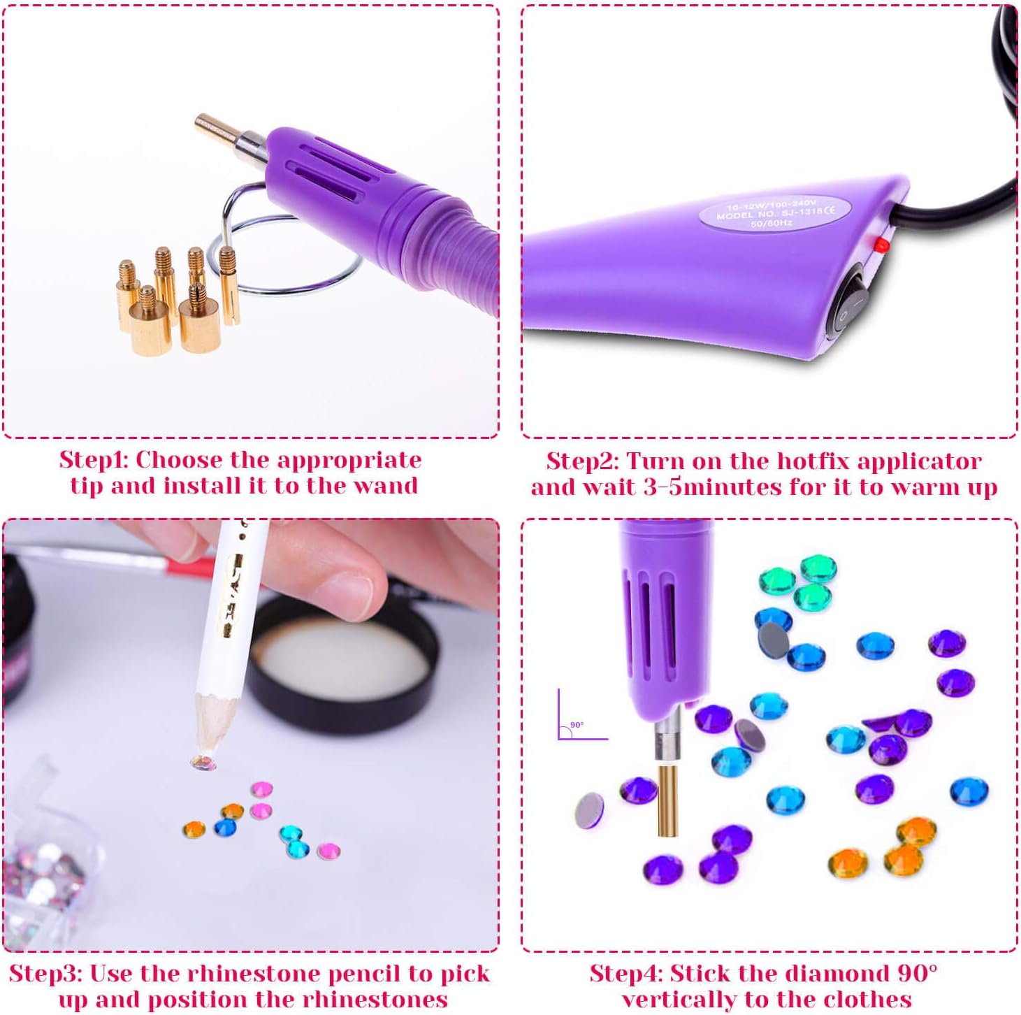 Hot Fix Applicator with Rhinestones, Cridoz Hot Fix Rhinestone Applicator Tool Kit Include 3 Boxes of Rhinestones, 7 Different Sizes Tips, Tweezers and Brush for Crafts on Clothes, Shoes and Jeans