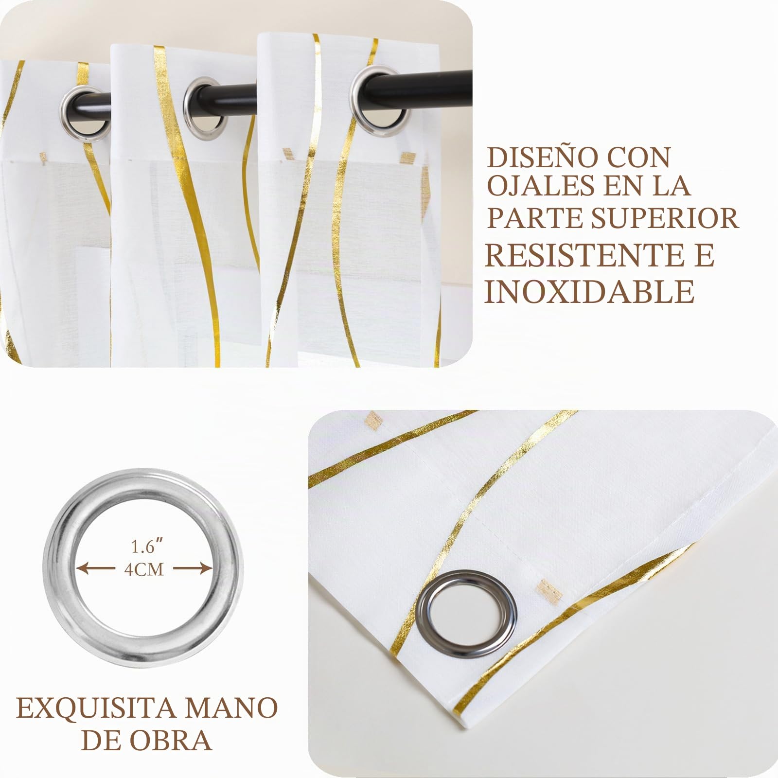 L.Z.E LZE2250E-G245 - Cortinas transparentes con diseño ondulado para salón, dormitorio, estudio, juego de 2 unidades, cortinas decorativas con ojales, 245 cm de largo