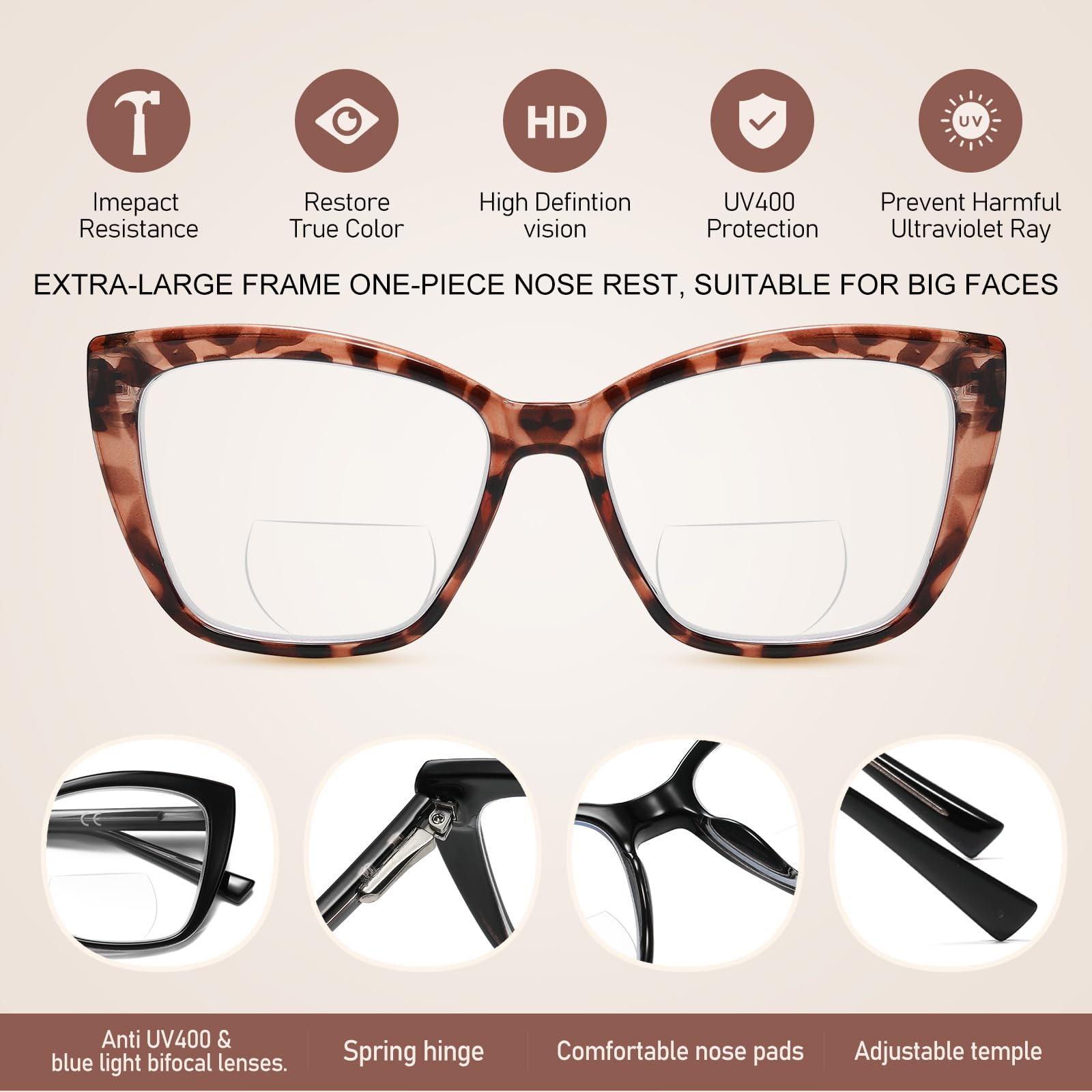 PT2001 Bifokale Lesebrille für Damen, Katzenauge, Blaulichtblockierung, große Größe, für Computerleser, transparente Gläser