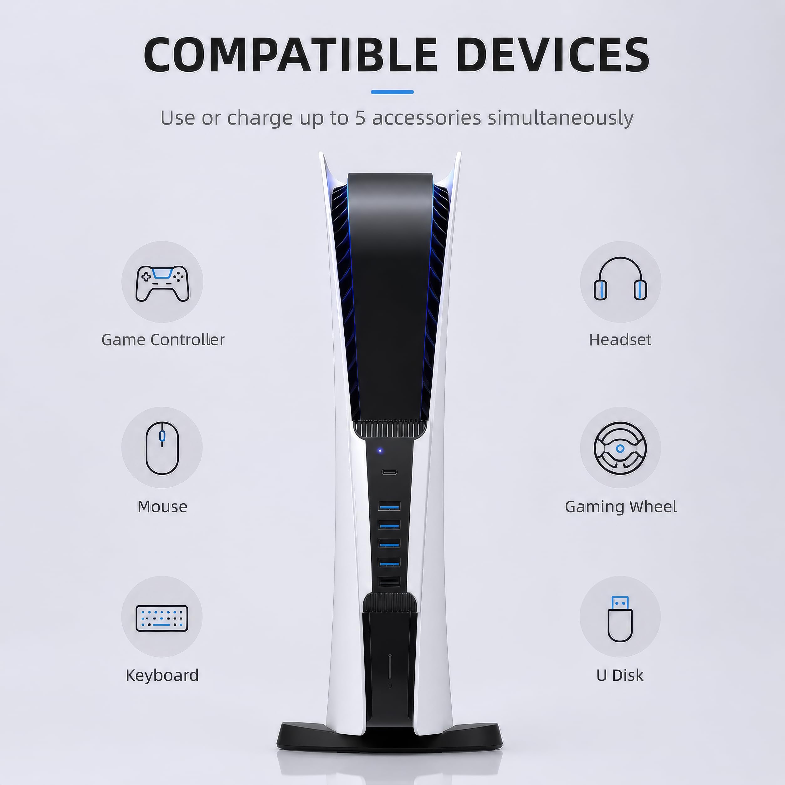 Hub do PS5, przedłużacz ładowarki USB o dużej prędkości, kompatybilny z konsolą do gier Playstation 5, 4 USB + 1 port ładowania USB + 1 port typu C
