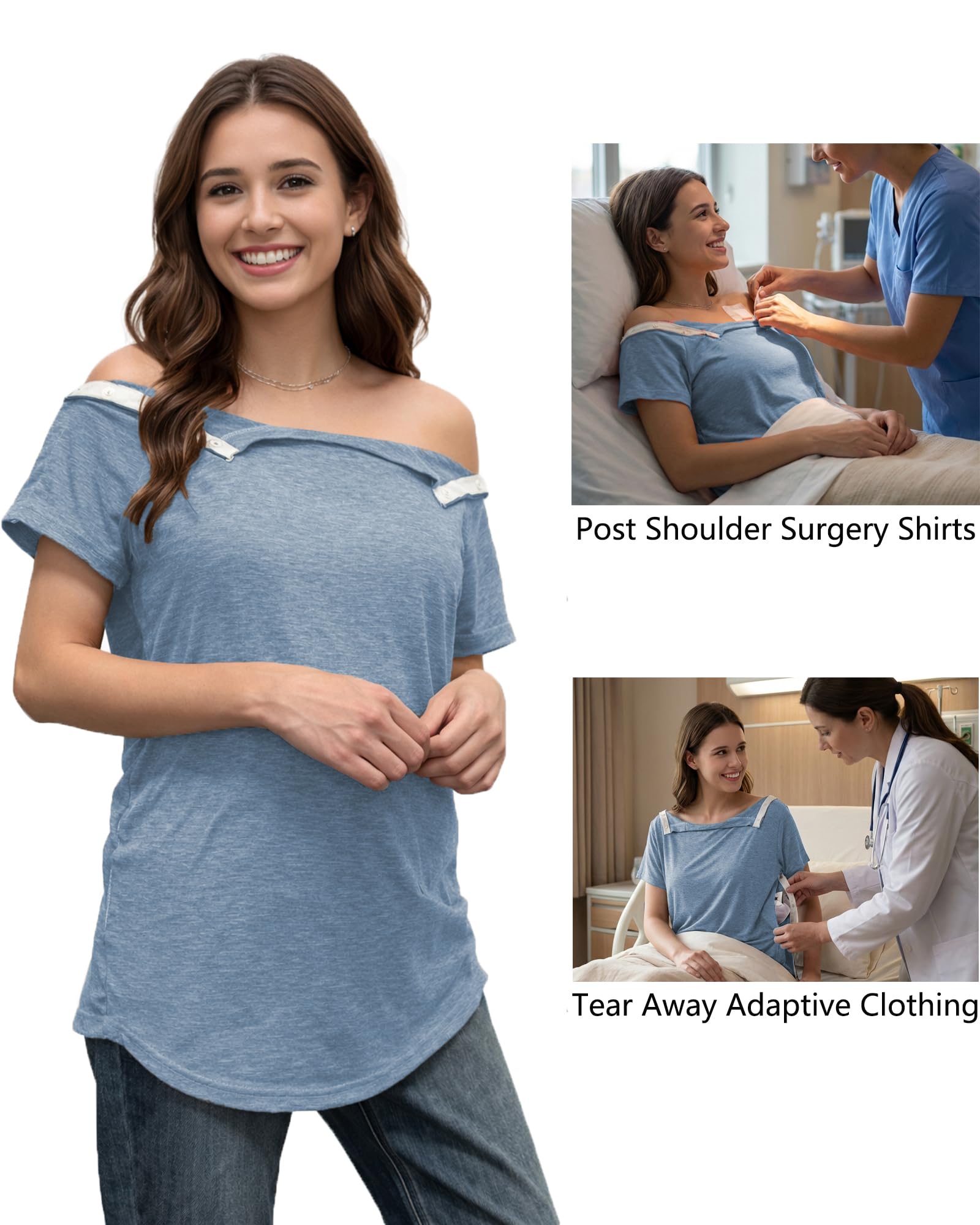 Post Shoulder Surgery Shirts for Women Tear Away Side Snap Short Sleeve Chemo Port Shirts Adaptive Clothing - 5