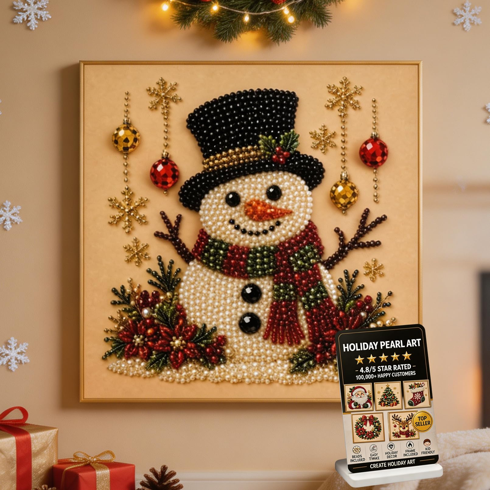 Ten Treasure DIY Christmas Pearl Diamond Painting Art Kit with Frame, Christmas Pearl Beads Art Craft for Adults & Beginners, Gemstone Diamond Dots Beads Painting Hanging Kit for Home Wall Decor (#G)
