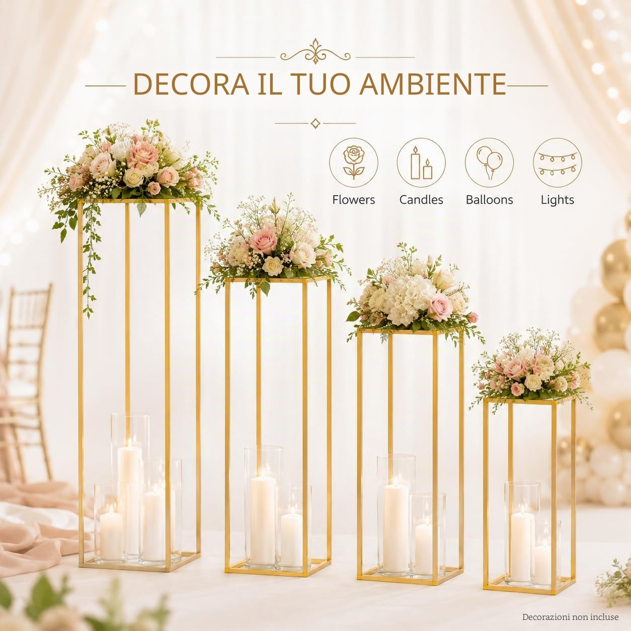 4 supporti per fiori in metallo, a colonna geometrici, centrotavola, rettangolare, per matrimoni, decorazioni per feste