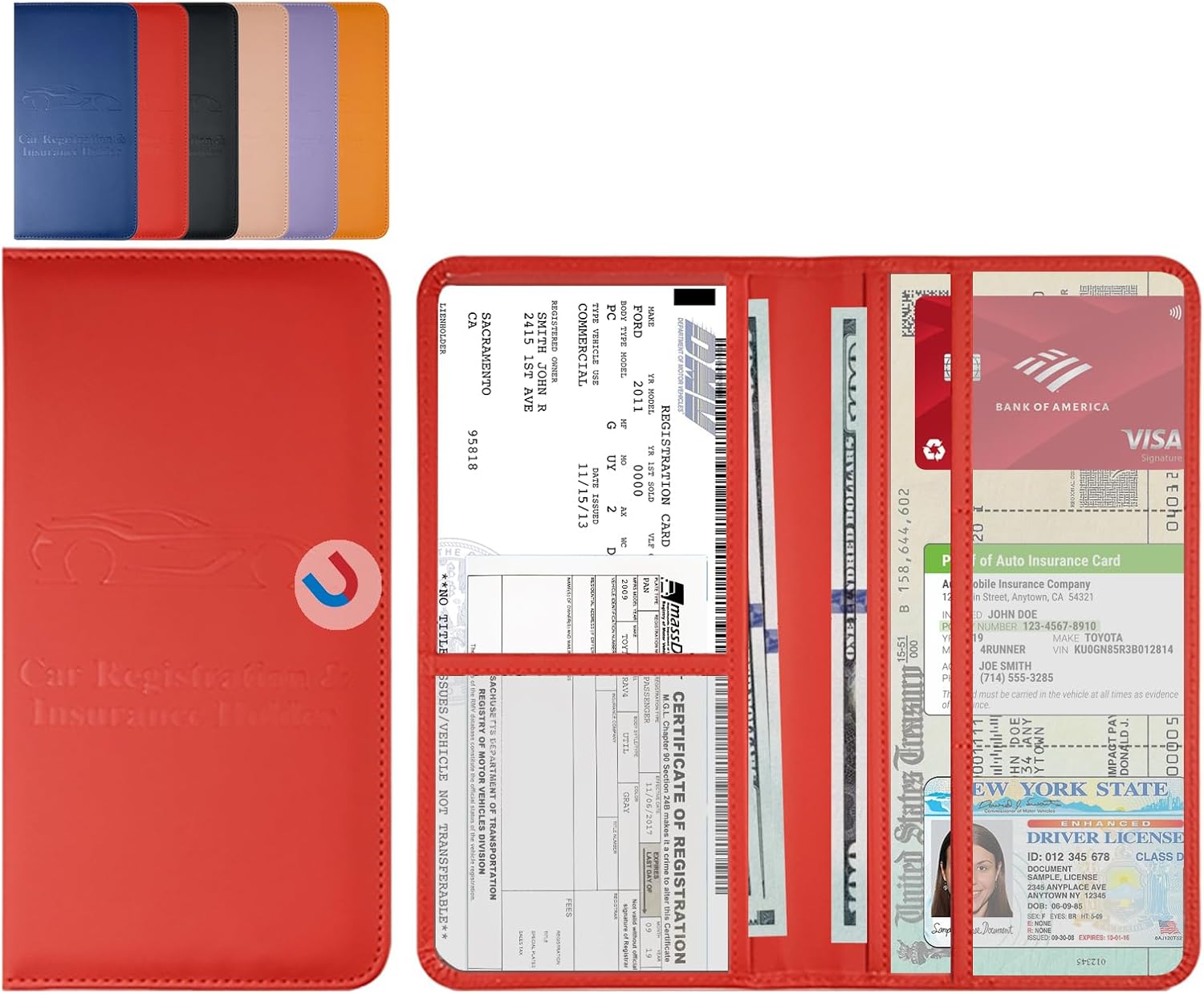 Red Car Registration and Insurance Card Holder Paper Glove Box Organizer