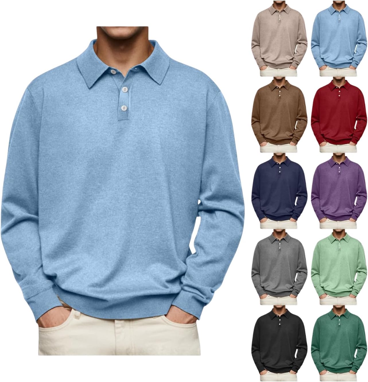 Mens Casual Knit Polo Collared Sweatershirt Business Fall Winter Long Sleeve Solid Color Color versatile Top - Image 5