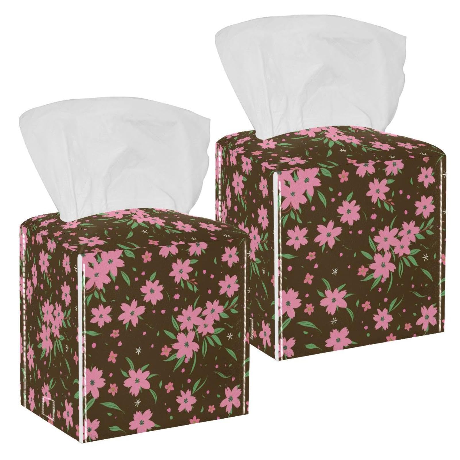 Aesthetic Flower Tissue Box Cover, 2 Pack PU Leather Square Facial Tissue Dispenser Box holder for Home Office Car