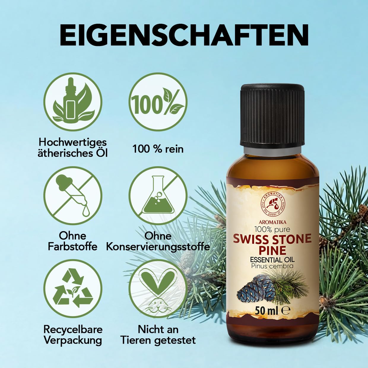 Zirbelkiefer Ätherisches Öl 50 ml - Pinus Cembra - Reines ätherisches Zirbenöl - für Diffusers und Duftlampen - Frisches Aroma - Aromakerze - Seife - Zirbenduft - Lufterfrischer