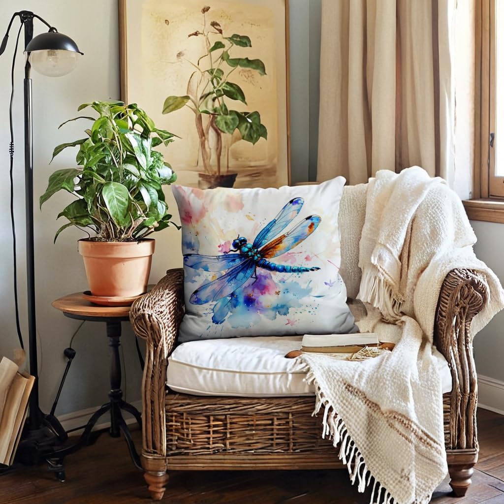 7COLORROOM Watercolor Animals Throw Pillow Covers 18x18 Inch Painting Dragonfly Print Cushion Case Farmhouse Spring Summer Decoration 2Pack Square Pillowcase for Patio Couch Sofa (Blue)