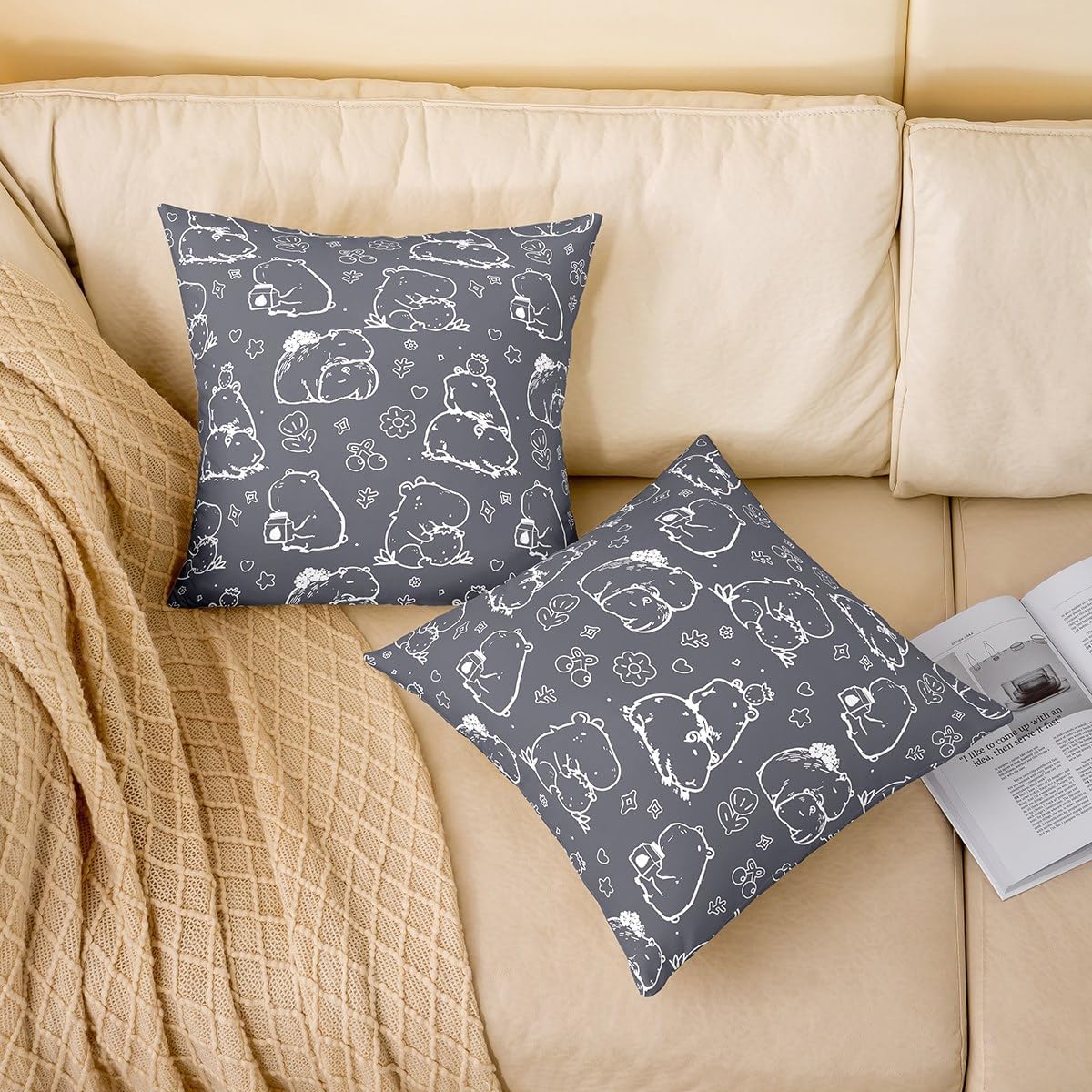 Erosebridal Cute Capybara Throw Pillow Cover,Cartoon Capybara Pillow Cover for Capybara Lover,Strawberry Love Stars Cushion Cover,Hand Drawn Sketch Patterns Decorative Pillow Cover,24X24