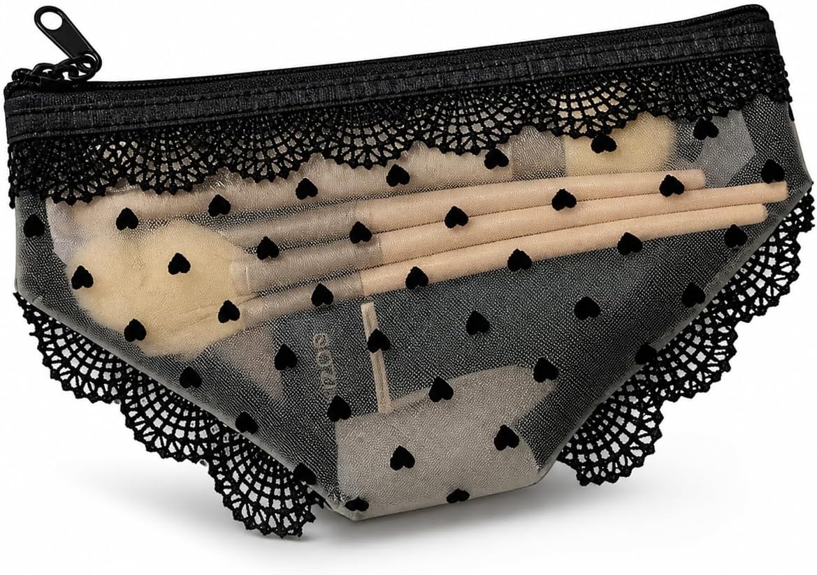 Portable Lipstick and Makeup Organizer, Black Semi-Transparent Mesh Travel Cosmetic Bag, Shorts-Shaped Zipper Pouch for Purse, Pads and Small Essentials