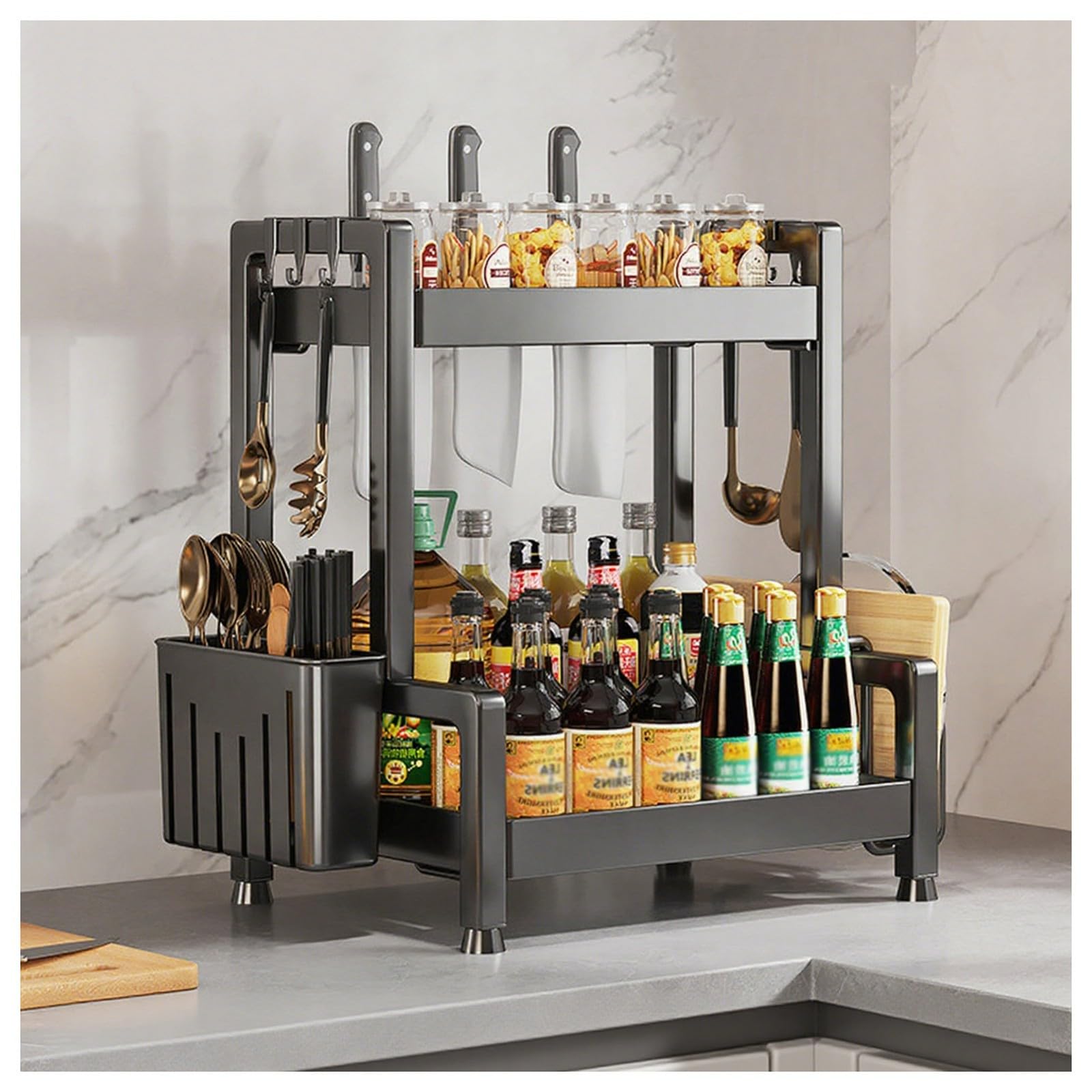 HADECOLL Carbon Steel Spice Rack, Kitchen Countertop Organizer With Knife Holder, Cutting Board Storage,Black-2 Tier-40cm