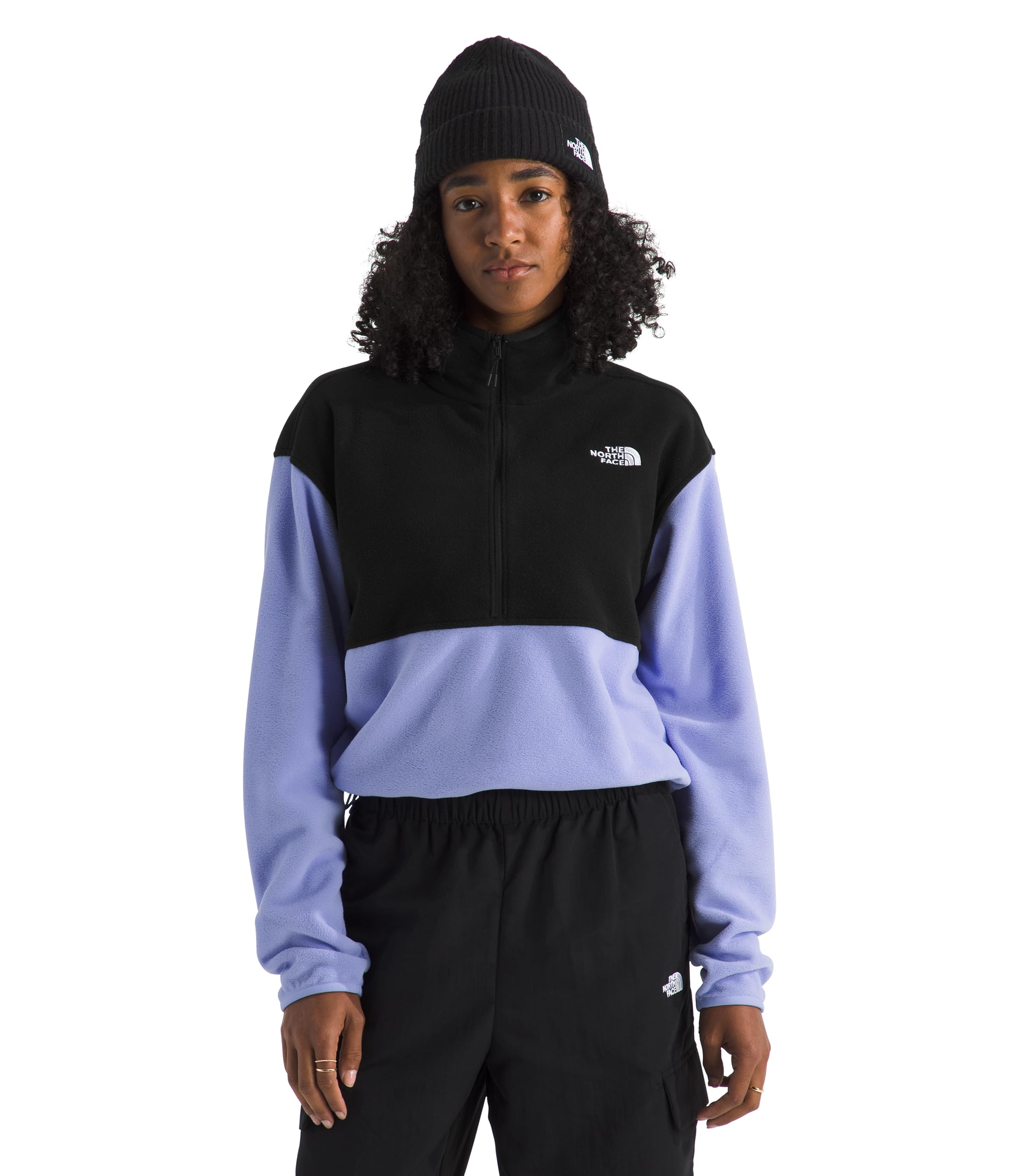 The North Face Women's Glacier Fleece Half Zip Short Jacket - 1/2 Zip Pullover Jacket, Zip Pockets, Stretch Fabric, Periwinkle Glow/TNF Black, Small