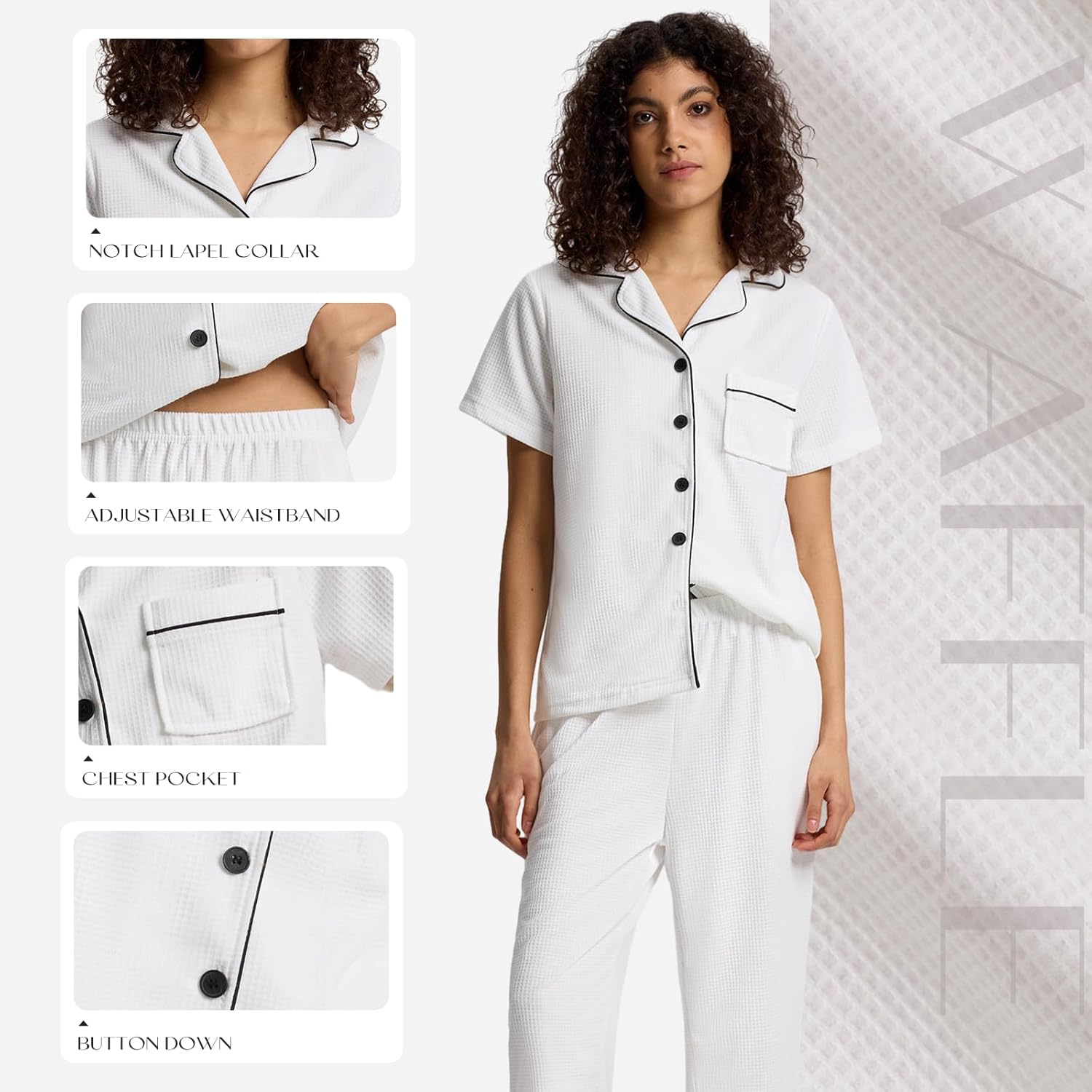 SIORO Capri Pajamas Set for Women, Button Down Sleepwear Short Sleeve Loungewear, Waffle Knit Top with Capri Pants Pjs White - Image 5