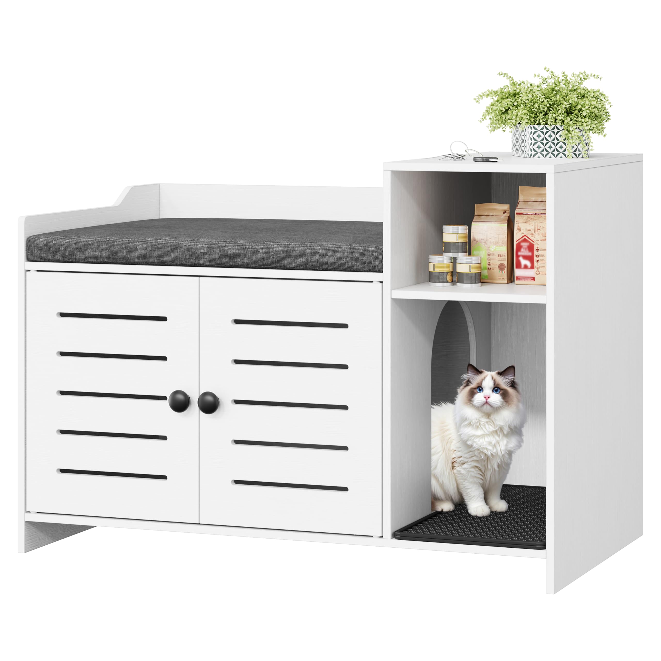 Cat Litter Box Enclosure, Hidden Litter Box Cabinet Furniture with Scratch Pad, Farmhouse Indoor Cats House with Storage Layer for Hallway, Bedroom