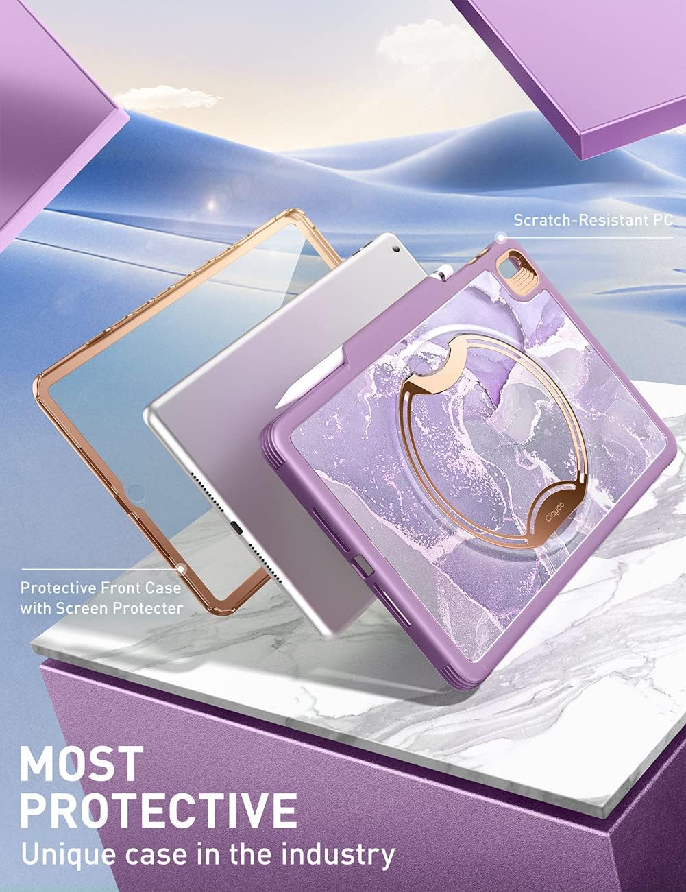 Clayco Nebula Case for iPad 9th/8th/7th Generation Case 10.2 Inch 2021/2020/2019, Multi-Angle Viewing Full Body Stand Cover for iPad 10.2" with Built-in Screen Protector & Pencil Holder, Purple