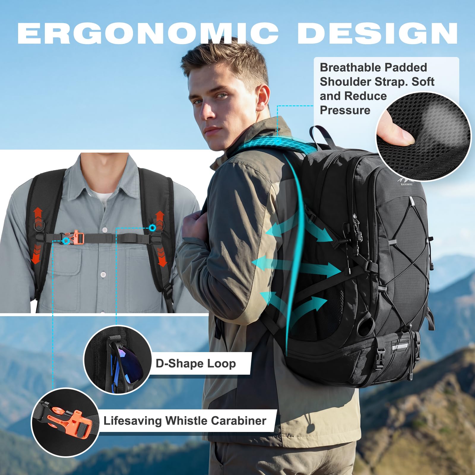 RAINSMORE Hiking Backpack 40L Foldable Lightweight Rucksack for Men Women Water Resistant Large Backpack for Walking Camping Climbing Travelling Black - 4