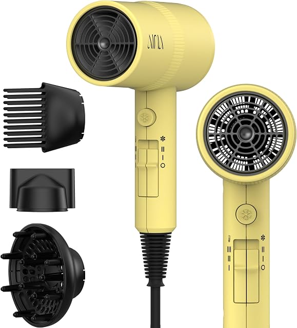 AINA Hair Dryer with Diffuser,Comb Full-Featured Blower 110V/1600W(Yellow) | 3 Heat/2 Speed;Cold shut button;Lightweight;Compact Size;High Temp;Low Airflow;Same Results;Less Expense