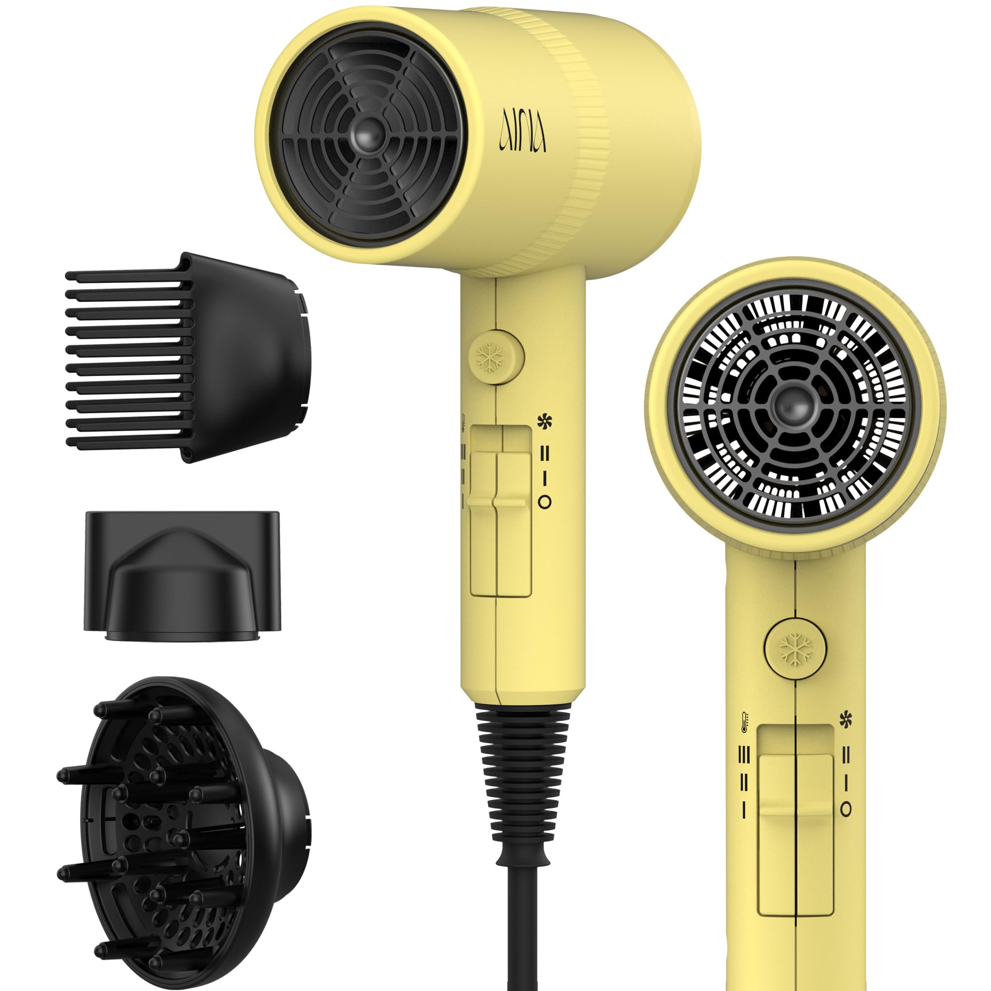AINA Hair Dryer with Diffuser,Comb Full-Featured Blow Dryer 110V(Yellow)