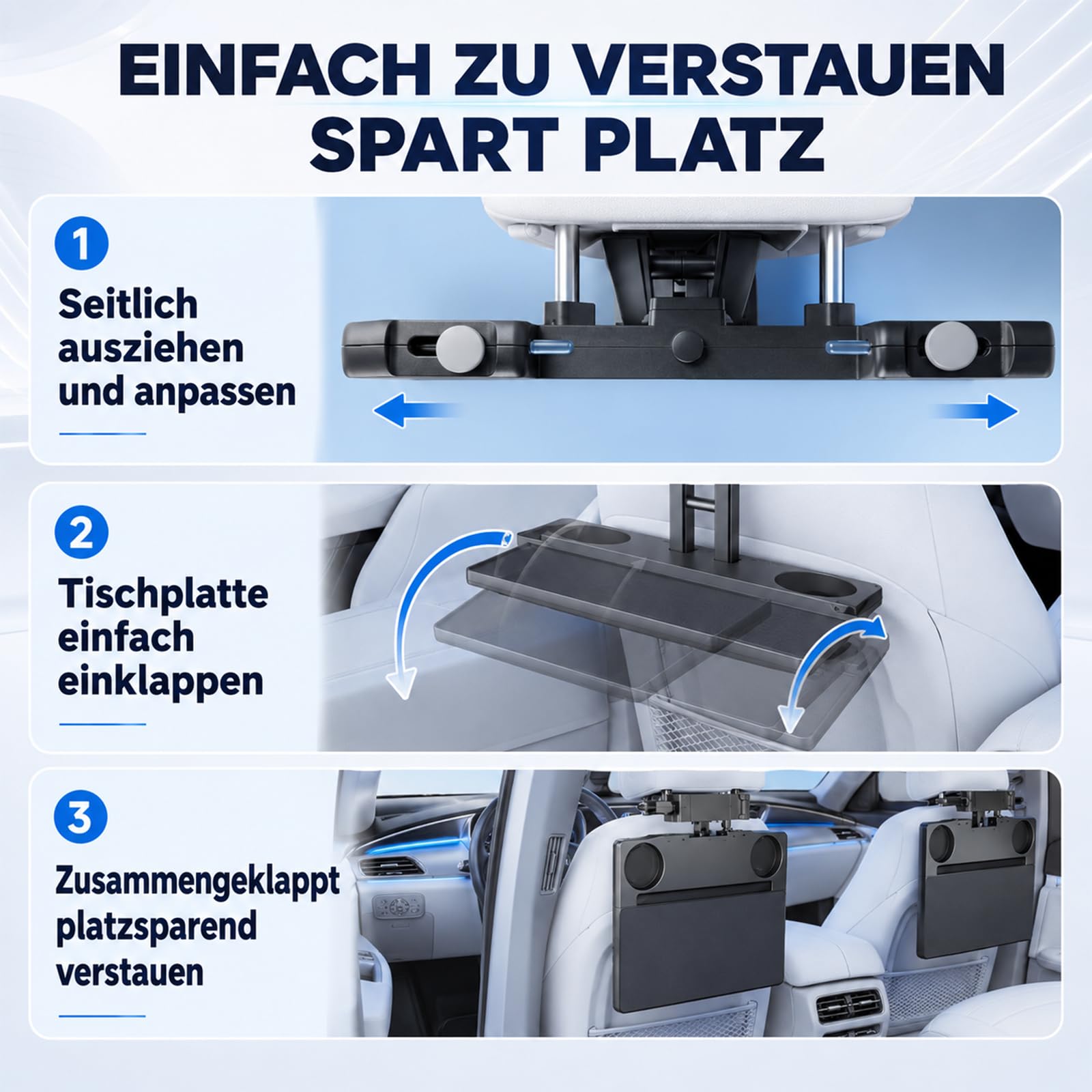 2 in 1 Auto Tisch für Beifahrer und Lenkrad | Klappbarer Auto Tisch für Rücksitz mit Getränkehalter und Handyhalter, Laptop-Schreibtisch für für Reisen, Arbeiten, Essen