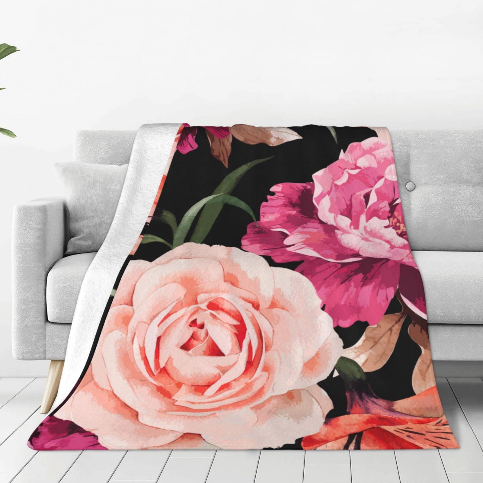 Lsjuee Throw Blanket Roses Watercolor Pattern Warm Cozy Soft Lightweight Flannel Fleece Blanket for Bedroom Sofa Room Home Decorative Fuzzy Blanket 60"x50"