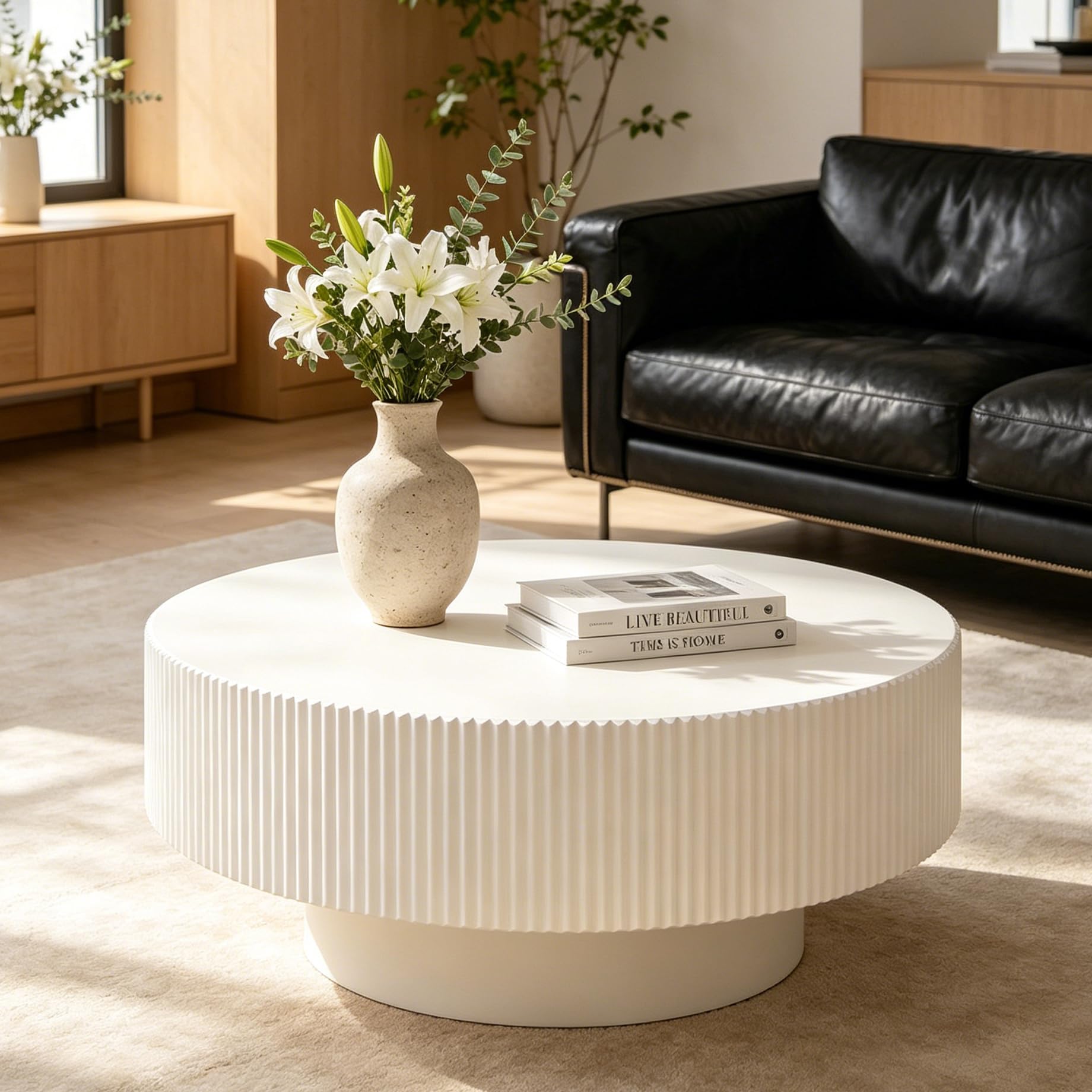 TYONGCOFFRound Wood Coffee Table, Mid Century Modern Drum Center Table