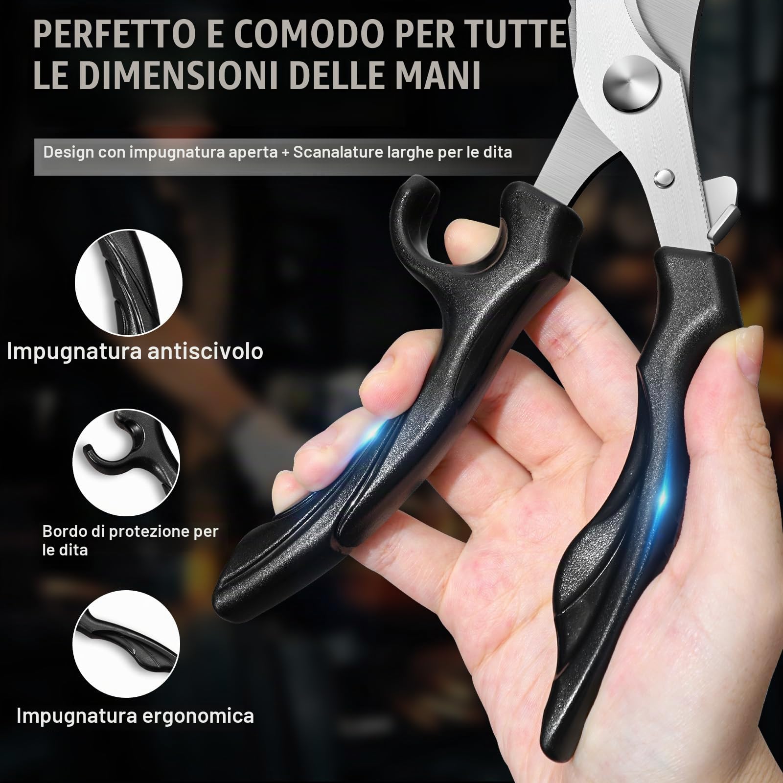 PURPLEBIRD Forbici da Cucina Professionali in Acciaio Inossidabile, con Blocco di Sicurezza, Lama Seghettata, Forbici da Cucina Acciaio inox Adatte per Carne, Verdure e Ossa