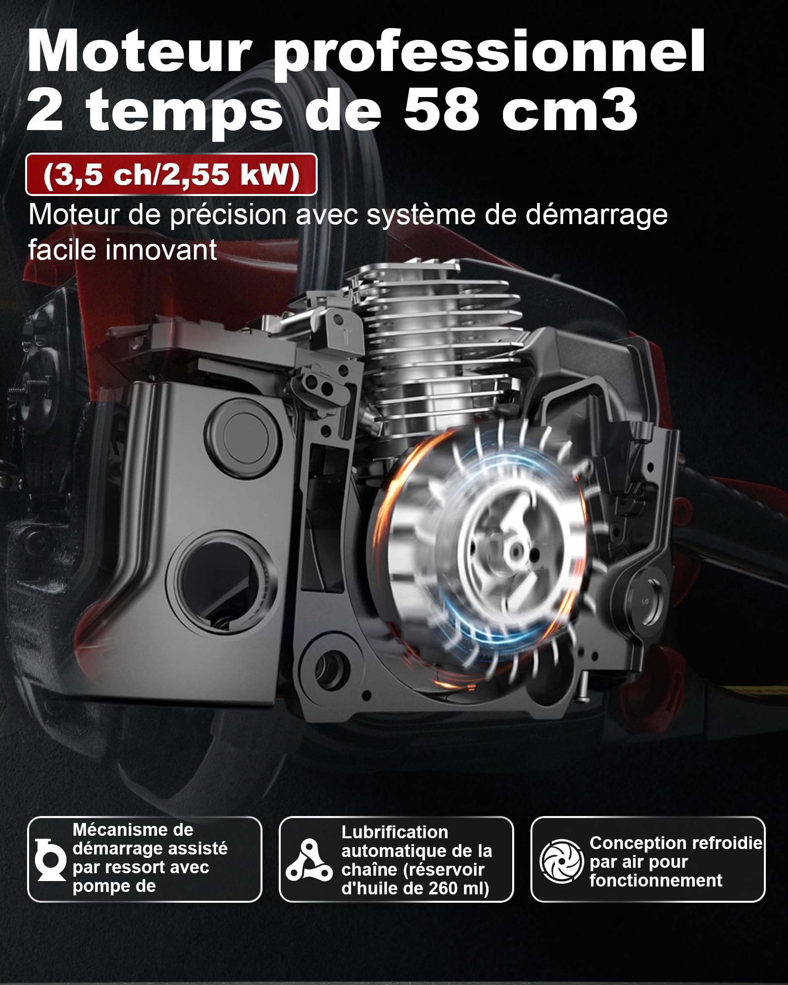 Tronçonneuse thermique 58cm³ professionnelle, moteur 2 temps, 3,5CV, avec guide-chaîne de 50 cm et 40cm, 2 chaînes, idéale pour l'entretien des arbres, l'exploitation forestière et le jardinage