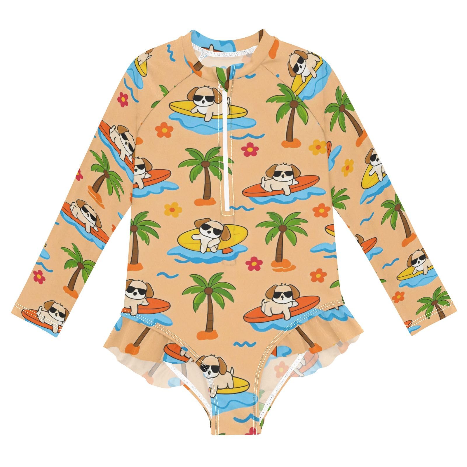 ALAZA Swimsuit for Girls Long Sleeve Rashguard Bathing Suit Surfboard Puppy Quick Dry 4T