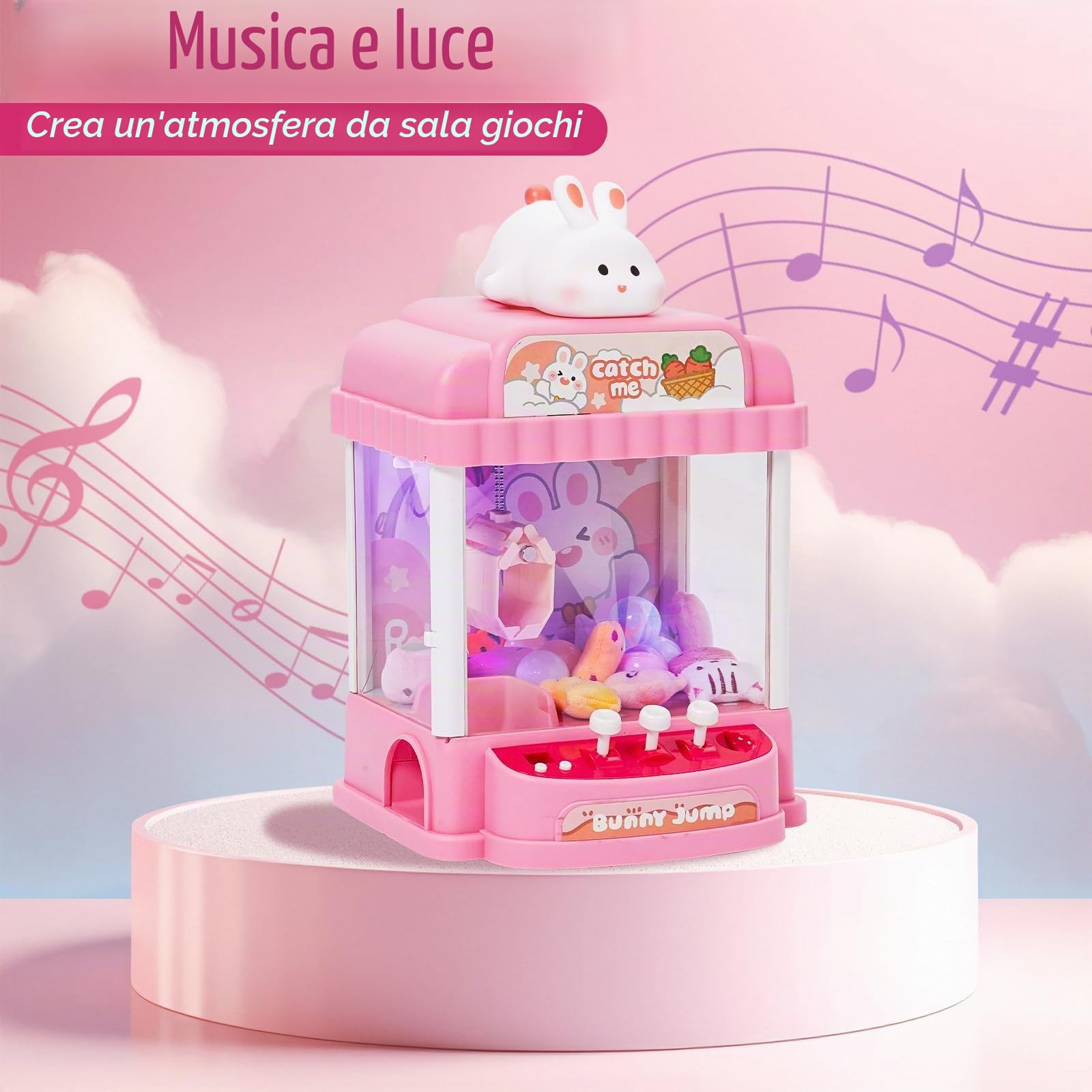 Macchina ad Artiglio per Bambini con 10 Giocattoli di Peluche e 10 Gashapons Candy Grabber Macchina Caramelle Mini Distributore per Bambini Giochi Arcade con Musica Regalo per Natale e Compleanno