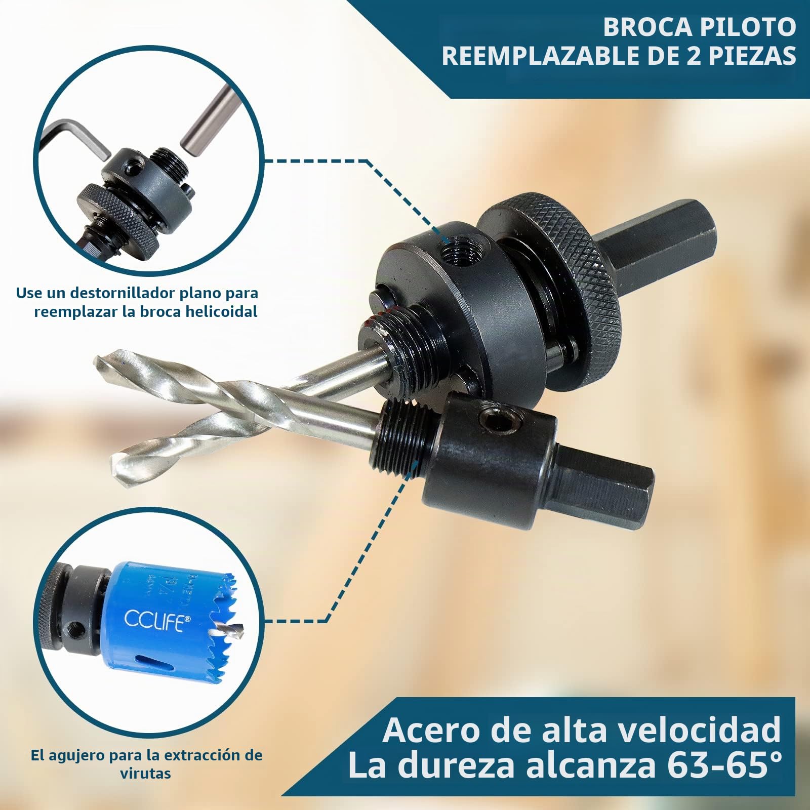 CCLIFE Juego de sierra perforadora bimetálica, 8 piezas, bimetal M3 HSS-CO, diámetro de 22 – 64 mm, profundidad de corte 38 mm, para taladrar acero inoxidable, metal ligero, madera, PVC, plástico, etc