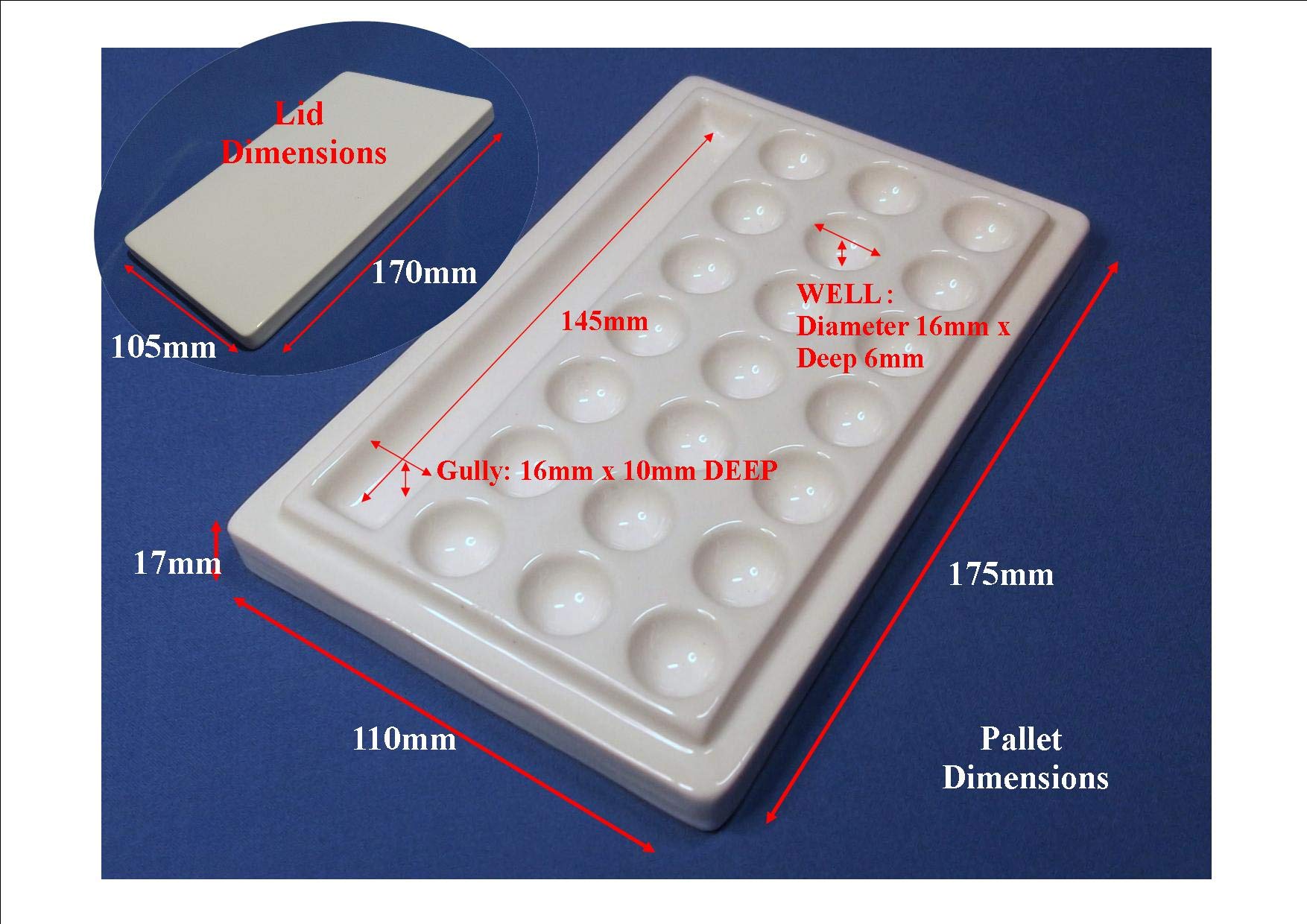 White Ceramic Artist Paint Palette with lid 21 Wells + Gully Mixing