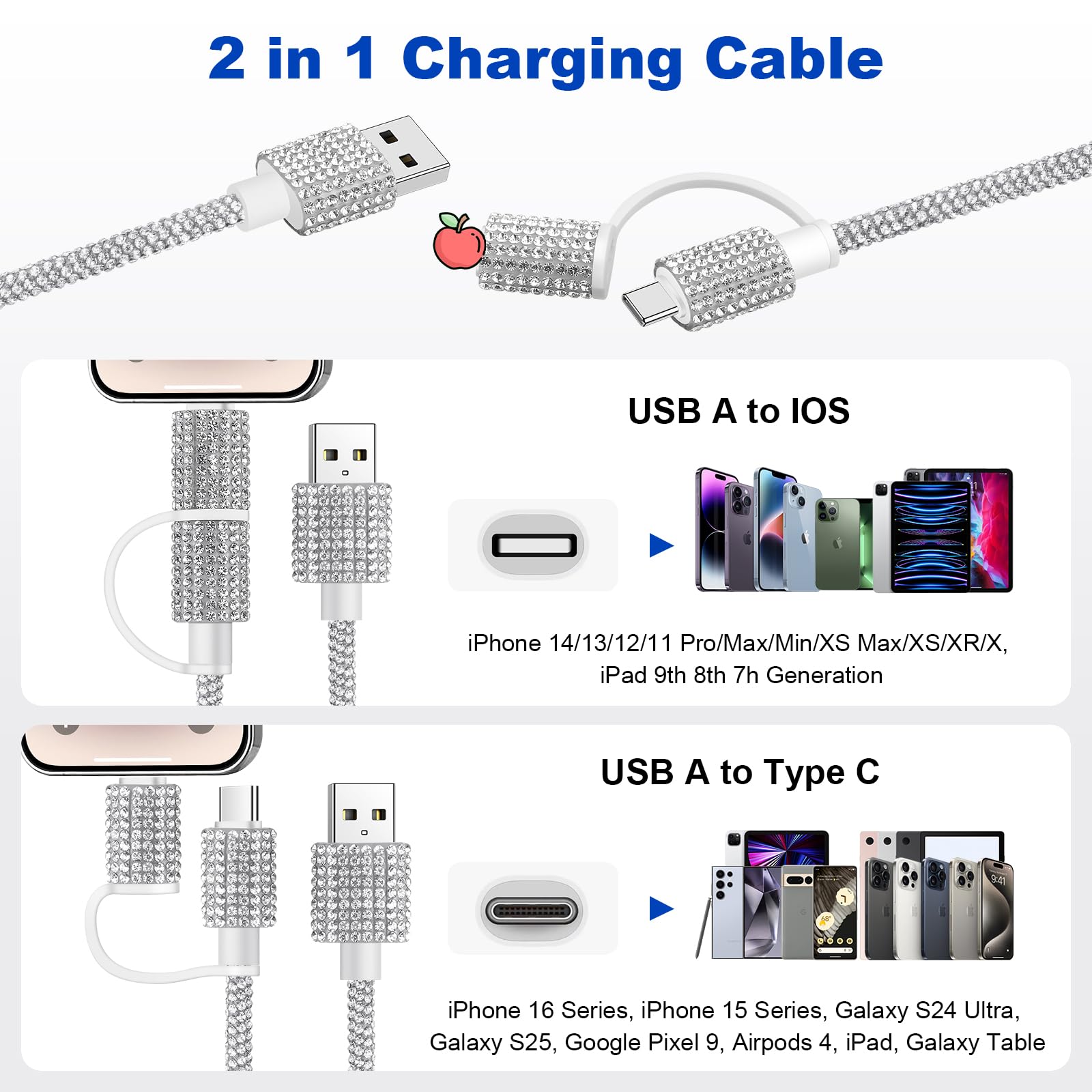 VOFUOE Cavo di ricarica USB C per iPhone 2 in 1, multi cavo di ricarica scintillante da USB A a USB C a iPhone, ricarica rapida, 1,2 m, per ragazze e donne, per iPhone 16 Pro Max per iPad 10a