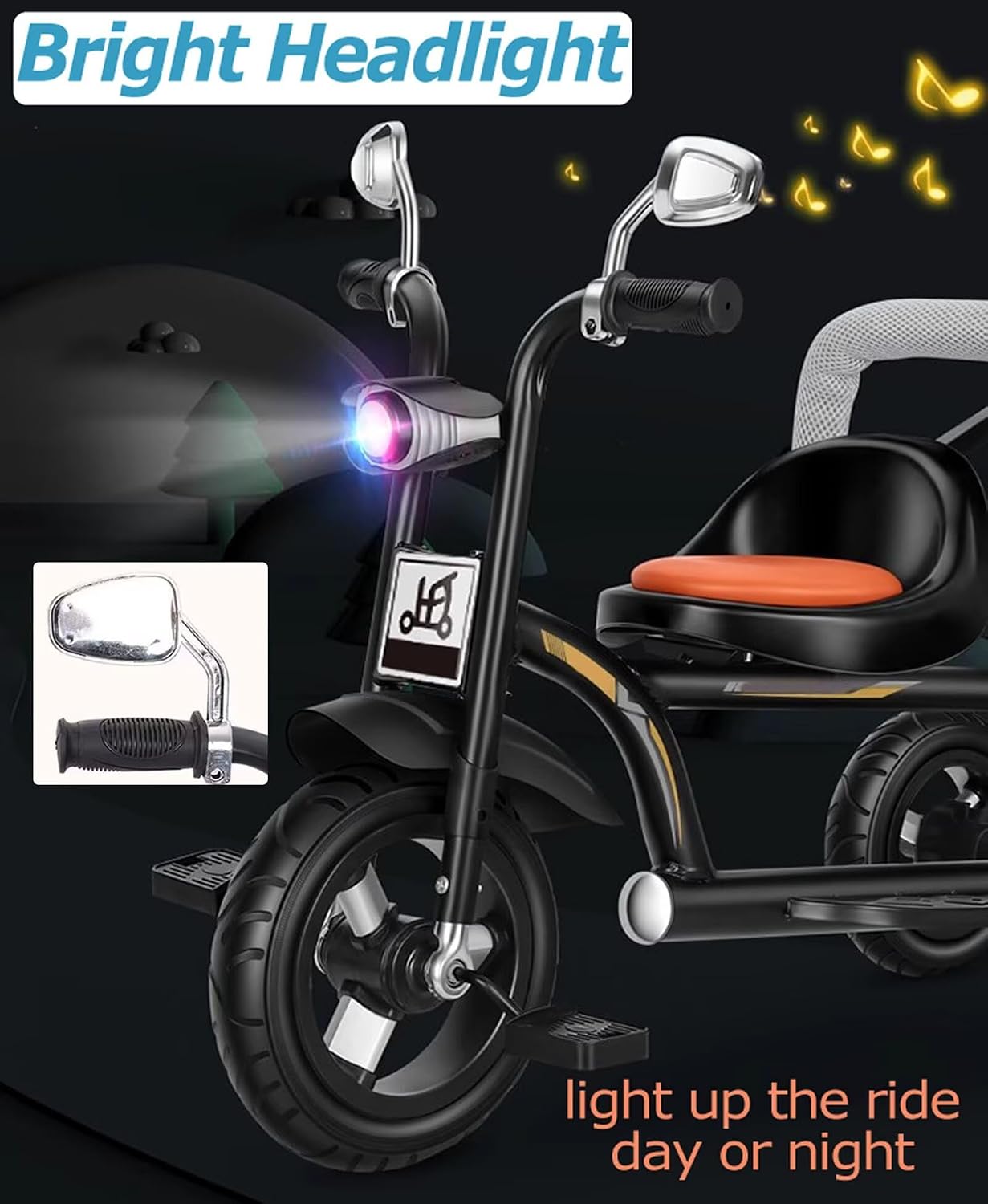 Tandem Tricycle with Headlight for 3-8 Years Old Boys and Girls,Twins Kids trikes with Parent Push Handle,Dual Seats Stroller,Rear seat with Sponge guardrail,Titanium Wheel