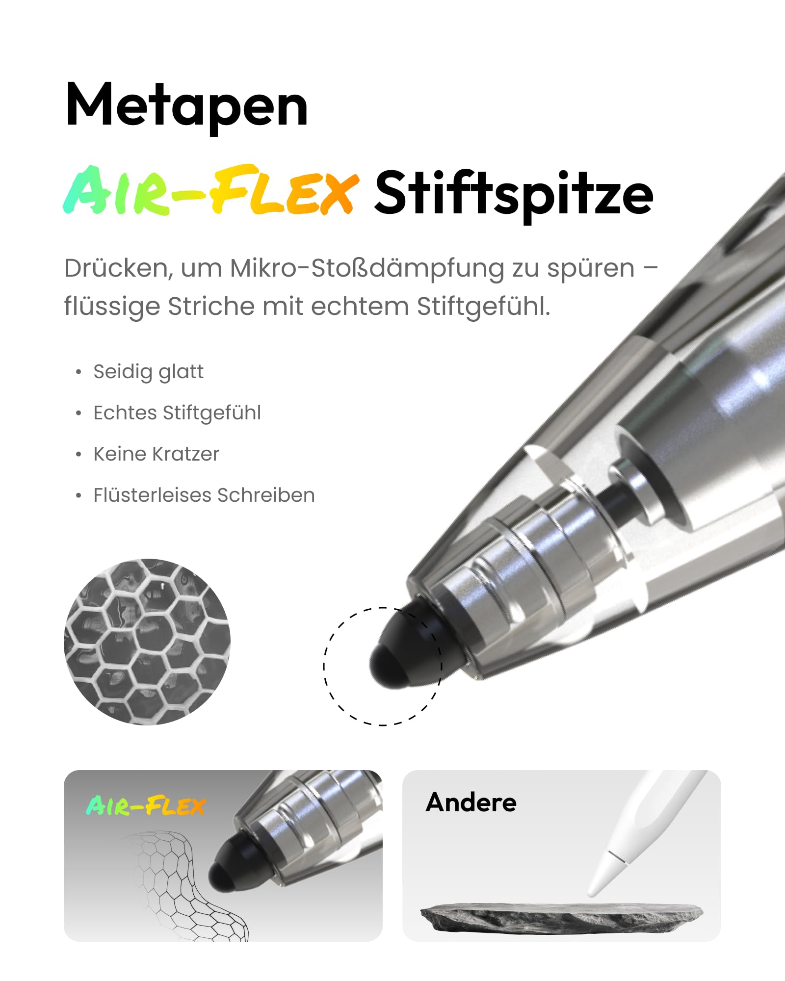 Metapen Air8 Pro X iPad Stift, Air-Flex Soft-Tip, Micro-Luftkammern, 26H Akku, Bleistiftgefühl | iPad Pencil mit 26-Stunden-Akku, Stift für iPad A16/11/10/9/8/7/6, Pro12.9/11/13 Zoll M4/M5, Air 3/4/5/M2/M3/M4, Mini 5/6