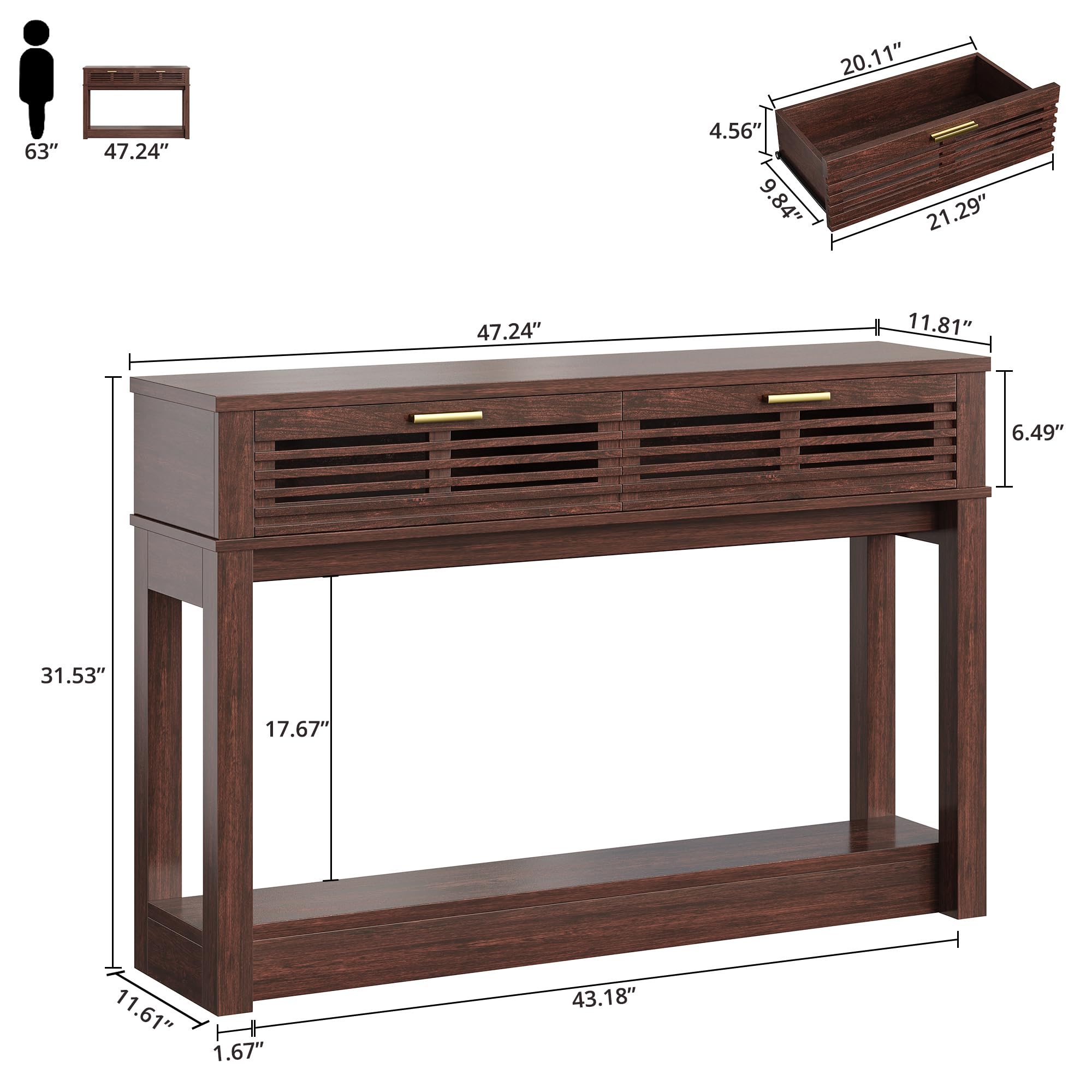 Condition photo showing New/Like New for ironck 47" entryway table, console table with 2 drawers, wooden sofa table with storage shelves for living room, hallway, couch, mid century modern, red walnut