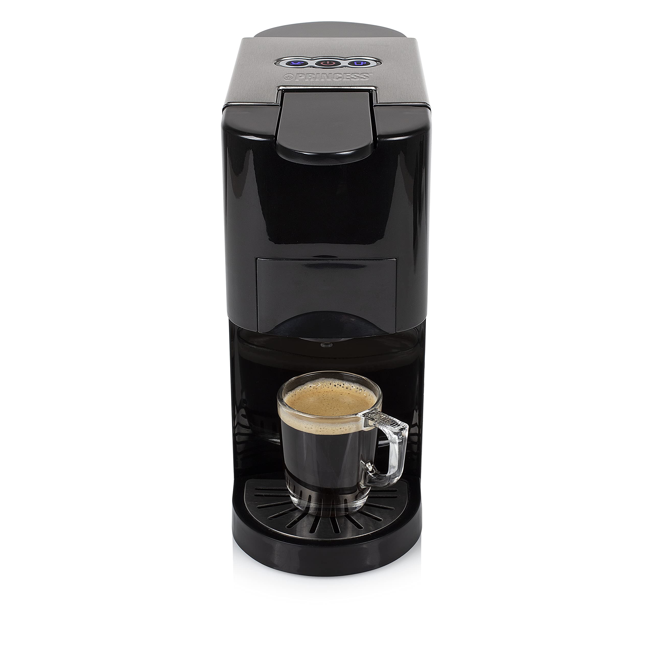 Princess Multikapsel-Kaffeemaschine 5-in-1 – Kompatibel mit Nespresso, Dolce Gusto, Lavazza a Modo Mio & E.S.E. Pads 0, 8 L 1450 W, Silber, Schwarz