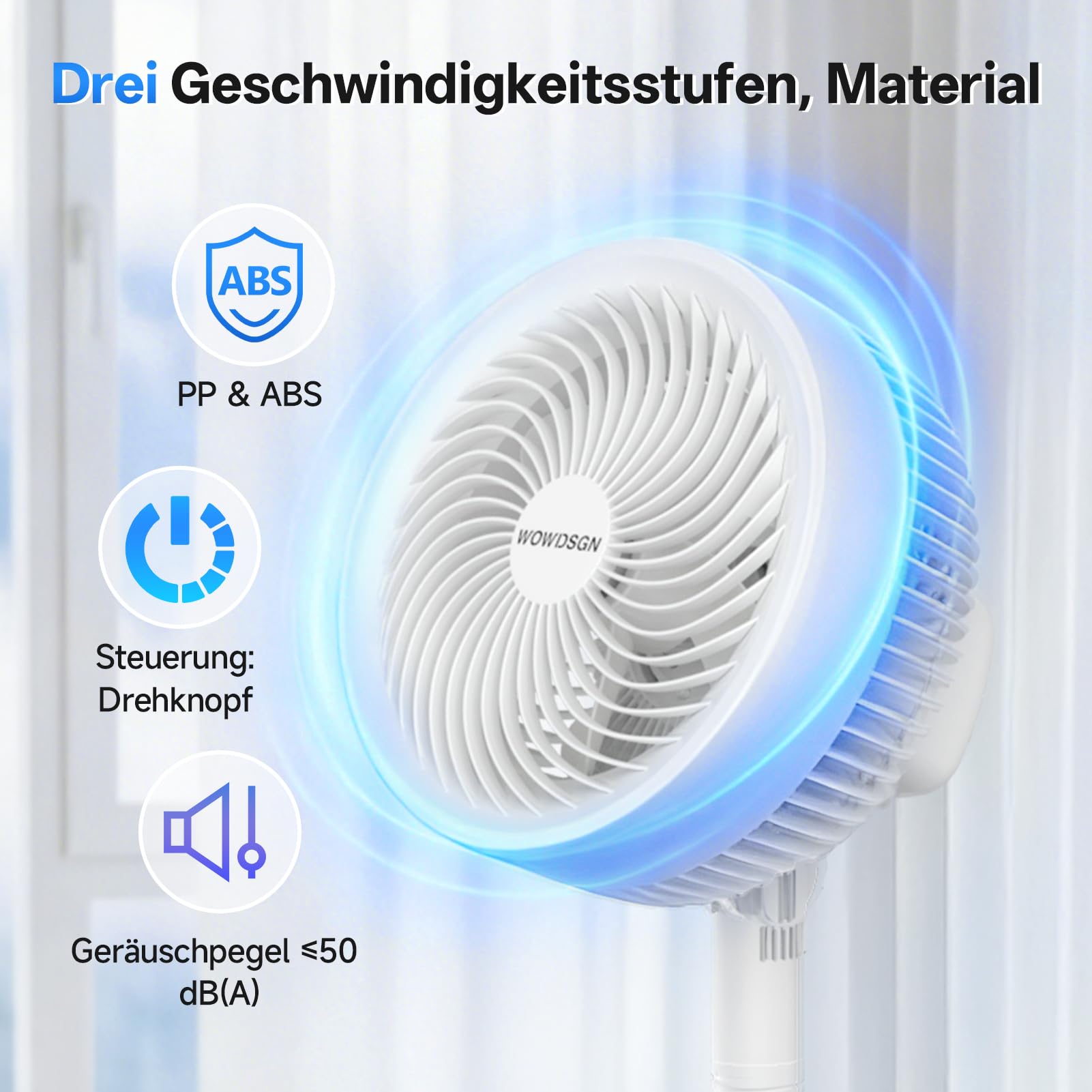 WOWDSGN Standventilator 2-in-1 Stand- & Tischventilator, 3 Geschwindigkeitsstufen, 36,8–106cm höhenverstellbar, 38W Kraftvoller 5-Blatt Lüfter Ventilator Luftzirkulation für Schlafzimmer