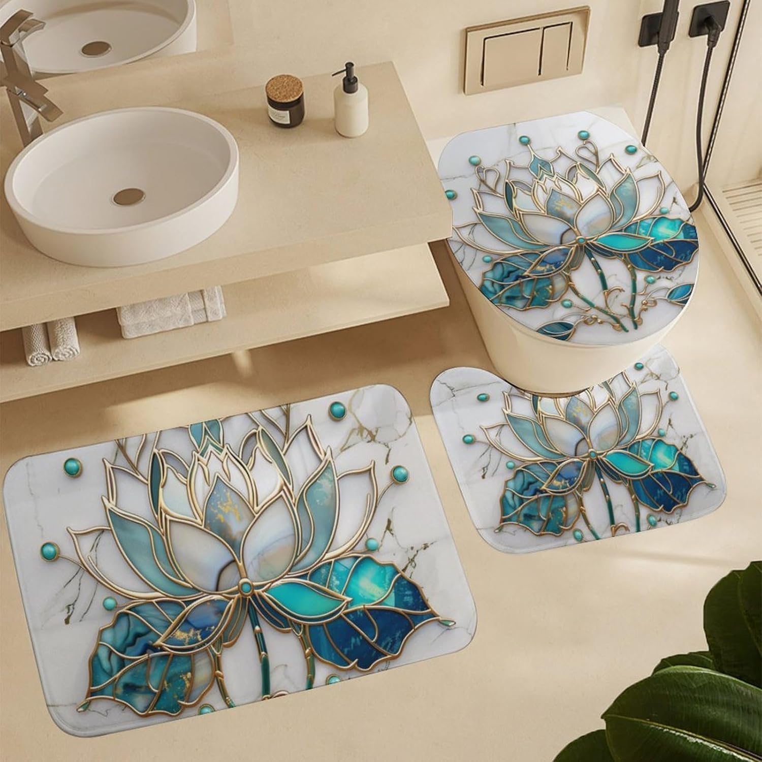 Minimal Lotus Flower Shower Curtain Sets with Toilet Lid Cover and Rugs, Natural Marble Fantasy Rustic Bathroom Decor Set with Rug U Shape Mat, Waterproof Shower Curtain with 12 Hook 4Pcs