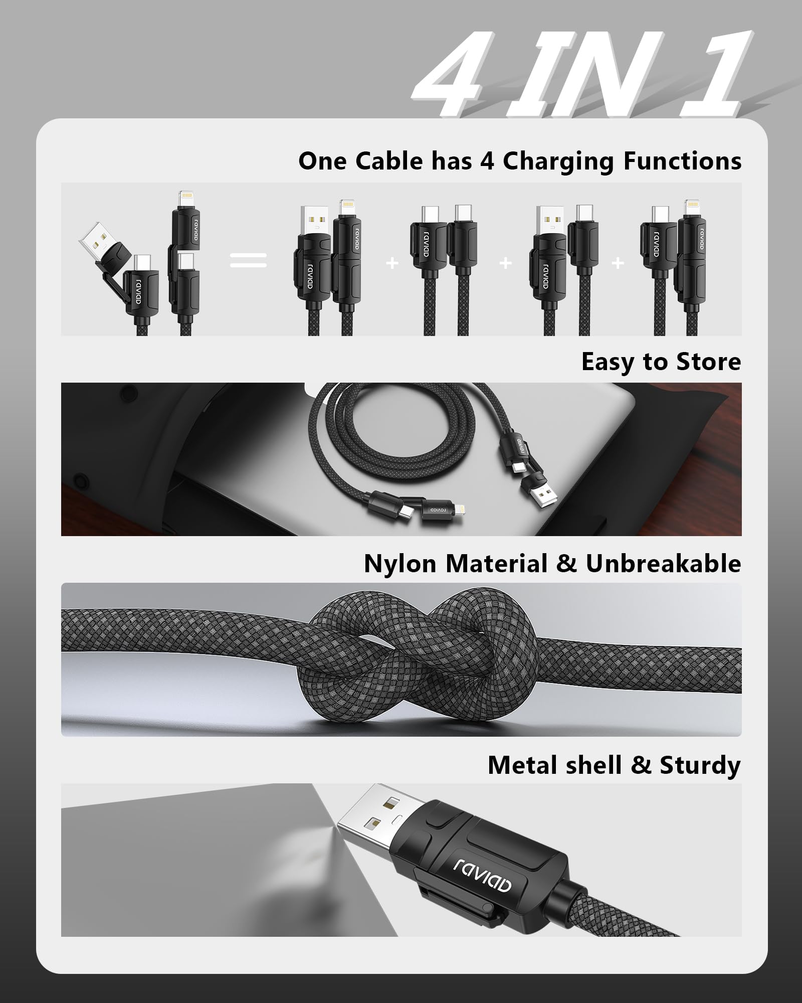 RAVIAD Multi Cavo di Ricarica [2M] 4 in 1 Multiplo Cavetto 60W PD con USB C/A a Lightning, USB C/A a Tipo C interfaccia Cavo USB di Ricarica per Google Pixel, Galaxy S24/S23, iPhone 16/15, Honor-Nero