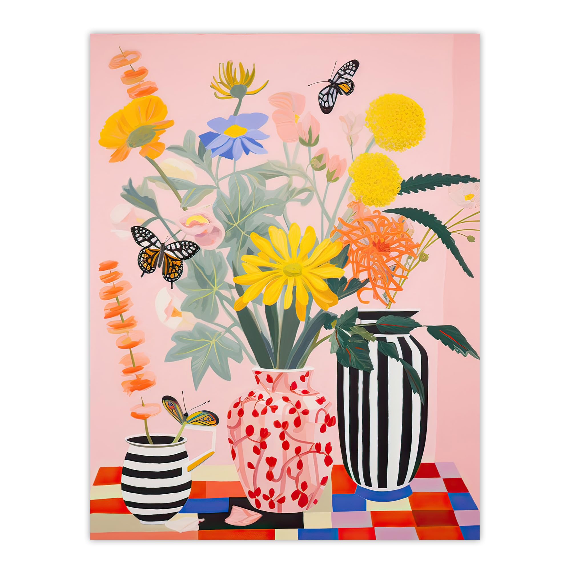 Artery8 Butterflies and Spring Wildflowers in Ceramic Vases Oil Painting Bright Colourful Bouquets Extra Large XL Wall Art Poster Print