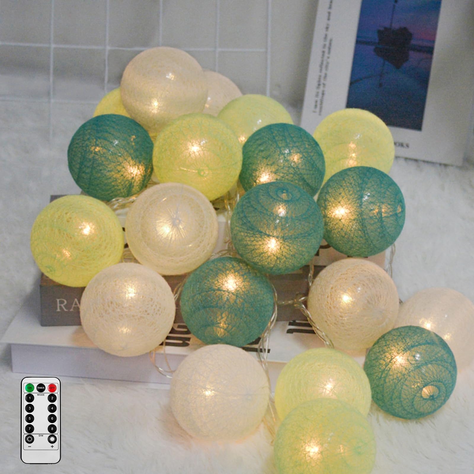 Ciskotu Baumwollkugeln Lichterkette Batteriebetrieben, 20 LED Dimmbar Cotton Ball Lichterkette mit Fernbedienung, LED Kugeln Lichterkette Innen für Kinderzimmer Weihnachten Hochzeit Party(Macaron)