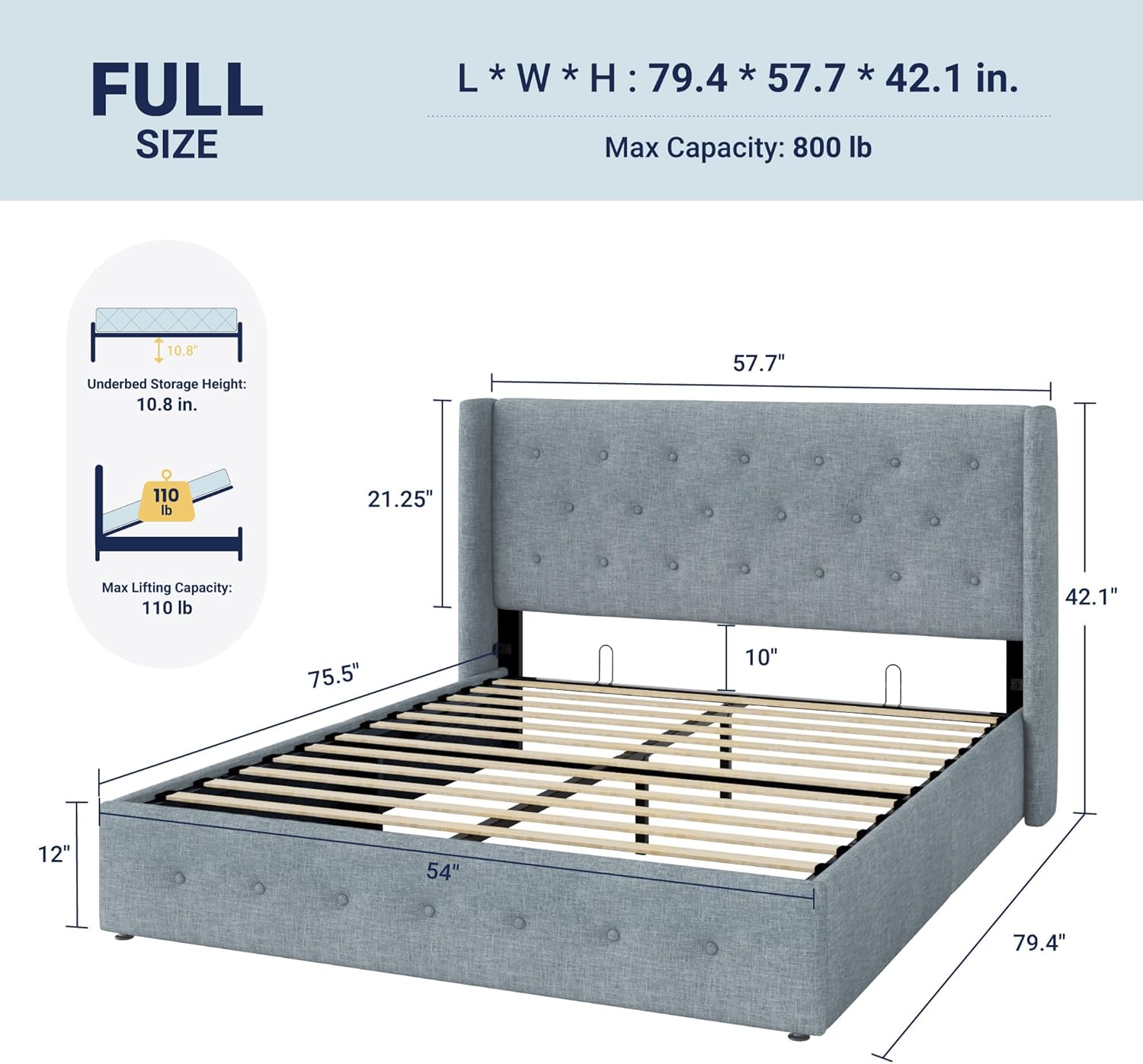 Allewie Full Size Lift Up Storage Bed, Button Tufted Headboard with Wingback, Hydraulic Support, No Box Spring Needed, Grey Blue