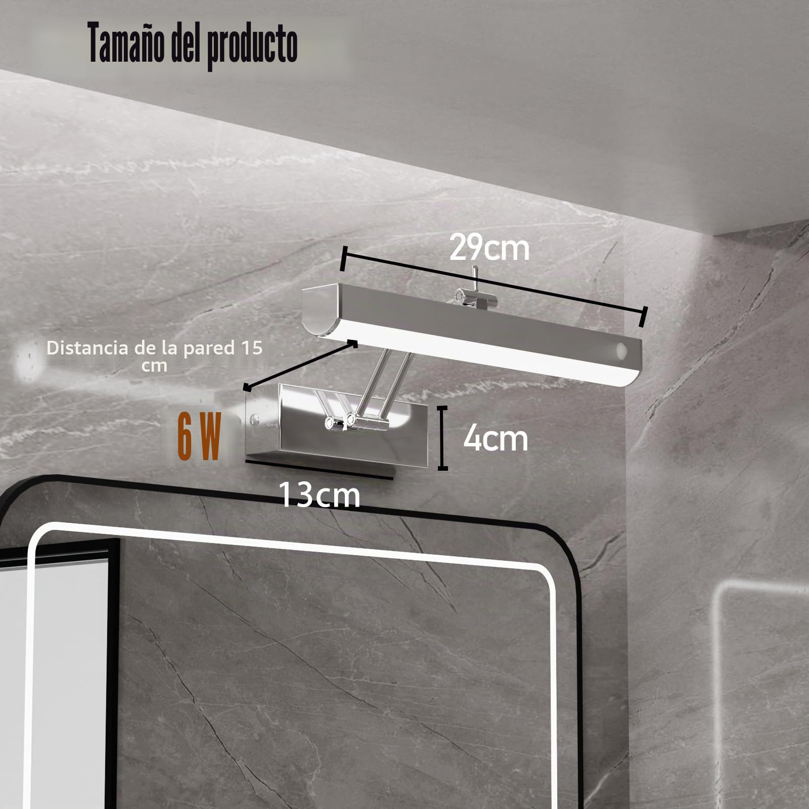 Aplique Espejo Baño con Sensor de Movimiento, Lampara Espejo Baño LED con Interruptor, 240° Giratorio Luz Baño Espejo Acero Inoxidable, 6000K, IP44, 29CM/6W