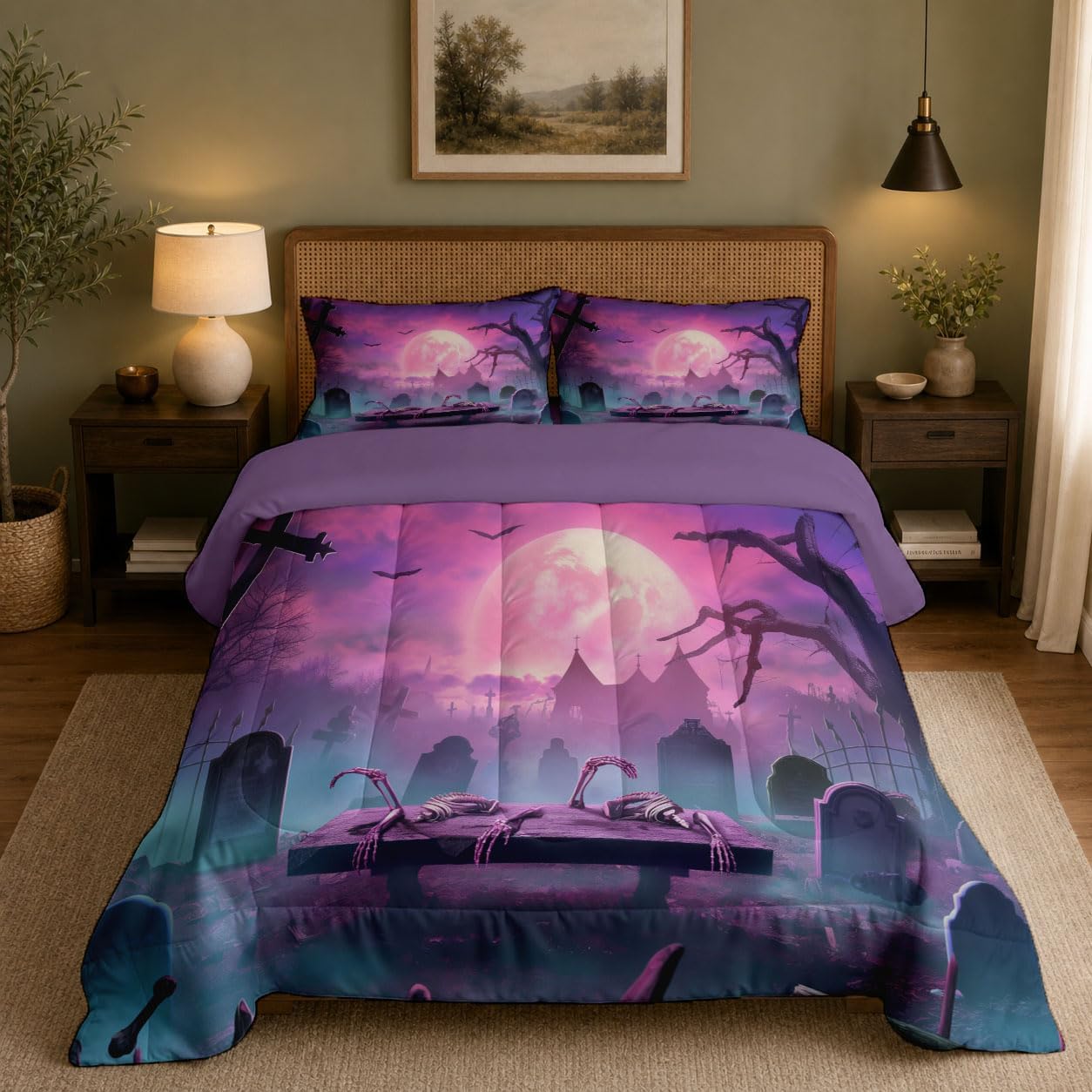 Fantasy and Bizarre Quilt King Size Pinkish-Purple Quilt Bedding Set | 3 Pieces Soft Lightweight Microfiber Gloomy Cemetery with Withered Trees Bedspread Coverlet Set for All Season, 104"X90"