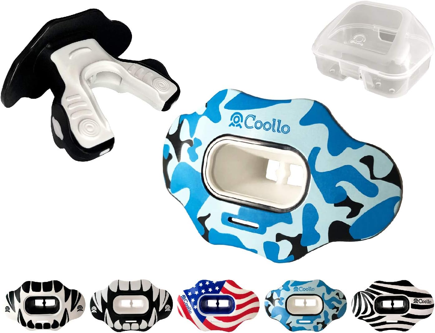 COOLLO SPORTS Lip Guard Mouthguard MAXX/ MIGHT Football and High Impact Sports Lip Protector for Adults & Youth USA Flag & Fangs (Strap Included) : Sports & Outdoors