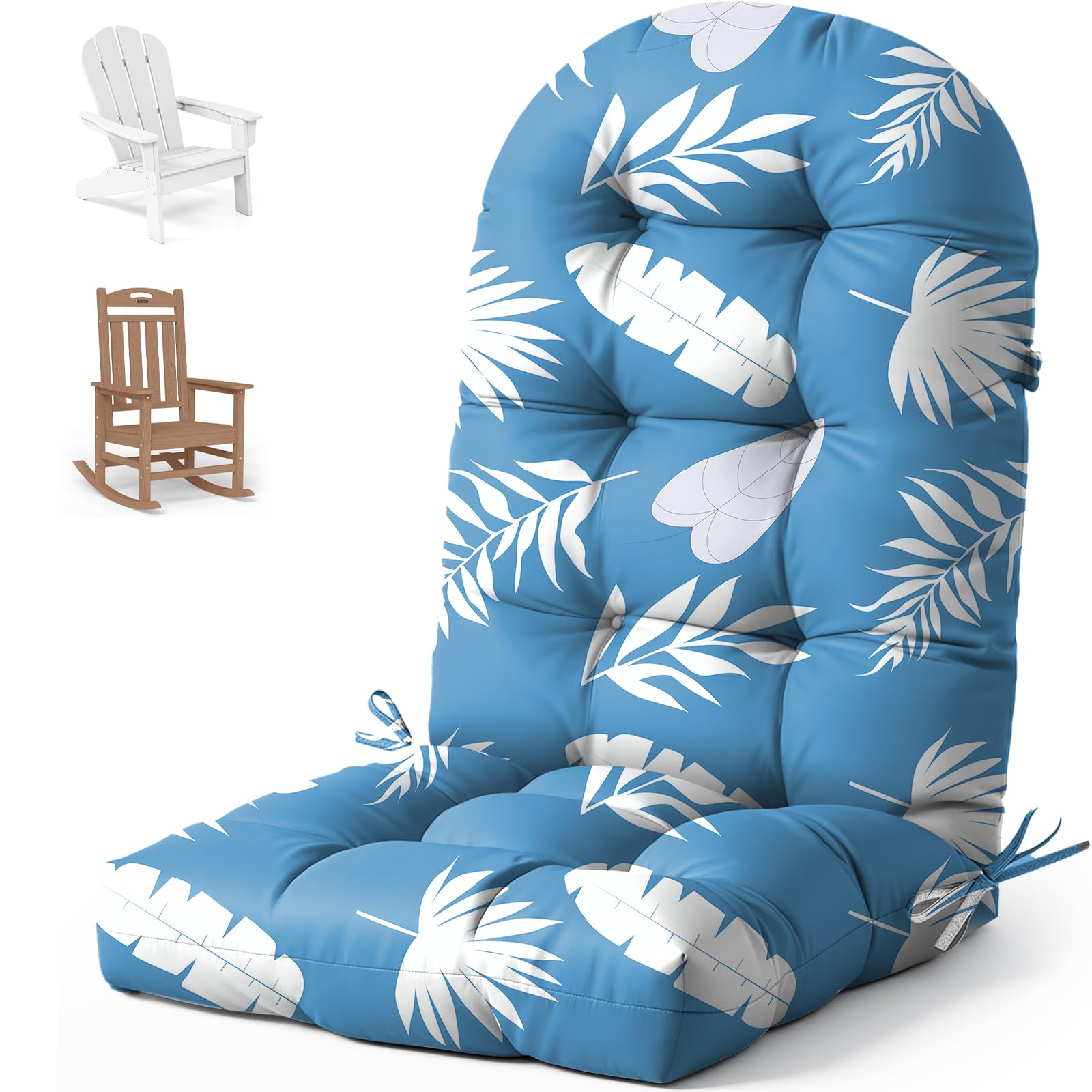 widesmile Adirondack Garden Chair Cushion Waterproof Thicken 110x50x10 cm Patio Chair Cushions for Outdoor Indoor Furniture High Back Seat Pad with Ties for Rocking Chairs,Blue Leaf