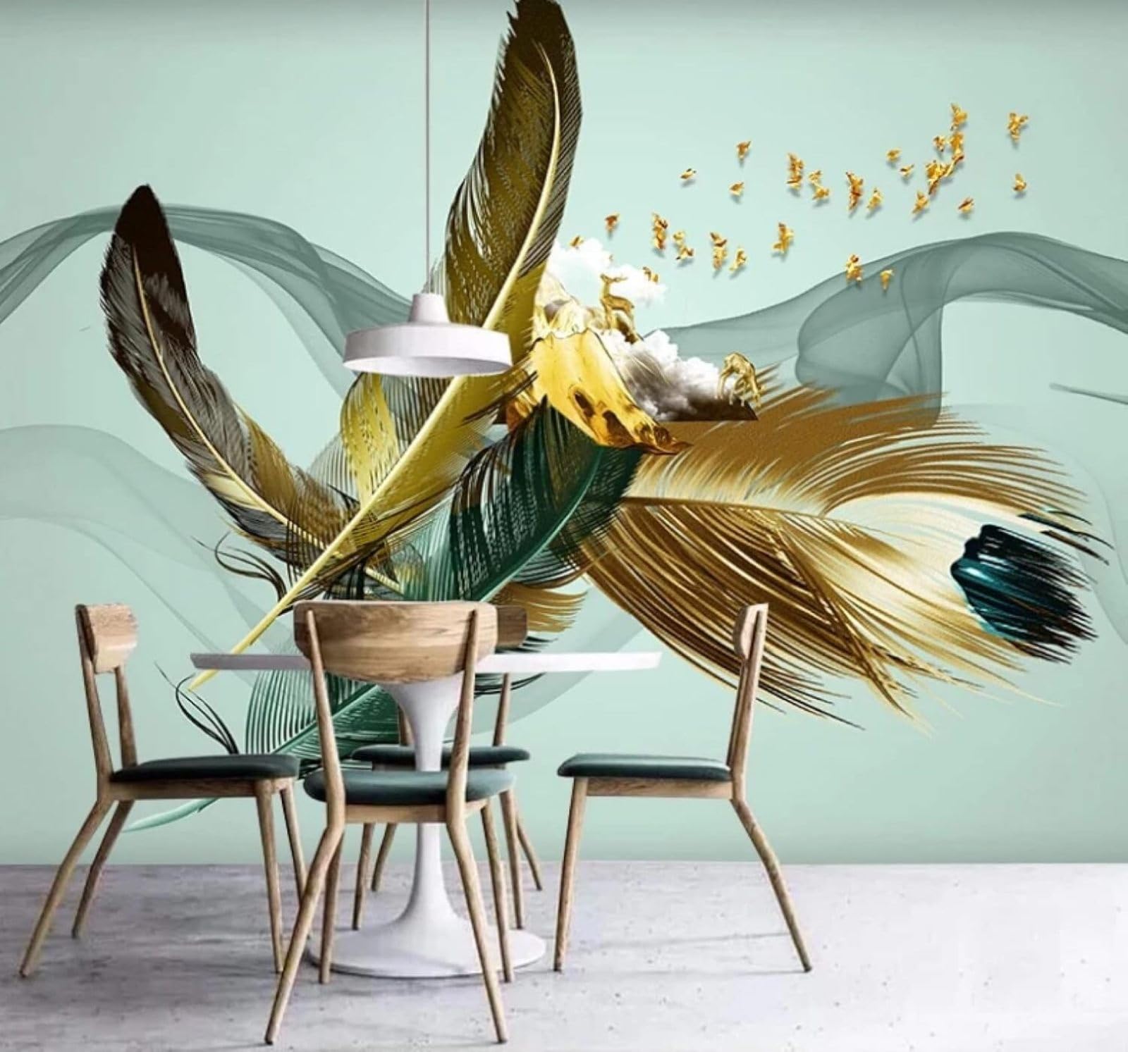 Wallpaper-3D-Xlm 350Cm×256Cm(B×H) Abstract Gold Feathers Birds Elk 3D Wallpaper Easy Install Feature Office Living Room Sofa Bedroom Tv Background Wall Decoration-350Cm×256Cm