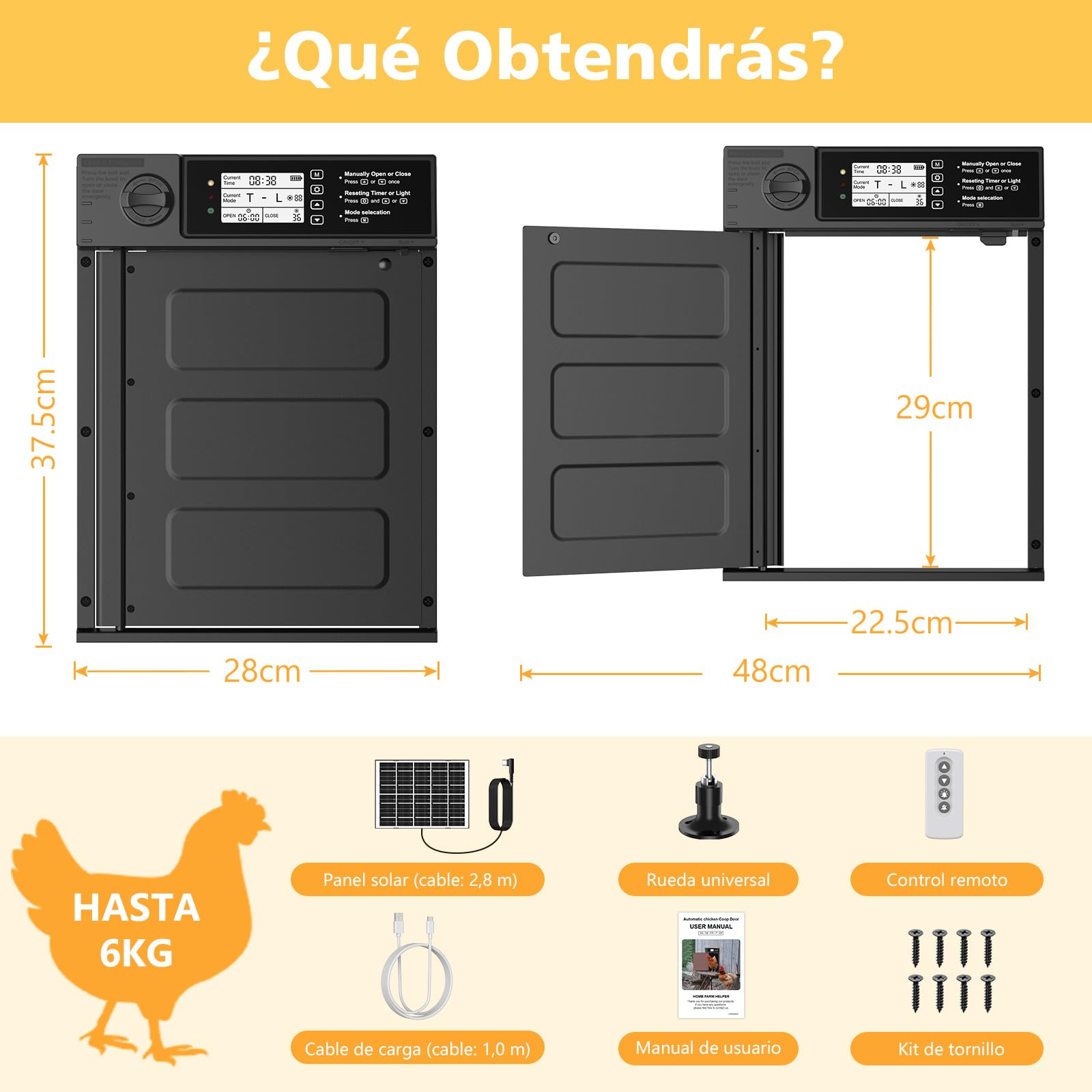 Puerta de pollo automática grande solar, aluminio, apertura lateral, tapa eléctrica con panel solar 7W, LED, sensor de luz, temporizador, mando