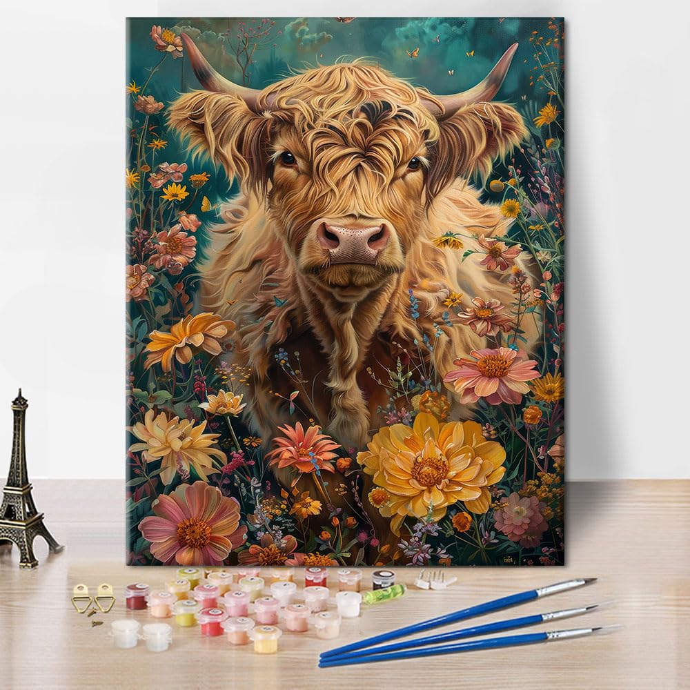 TISHIRON DIY Highland Cow Paint by Numbers for Adults Beginner Adult Paint by Number Kits Highland Cow in Flowers Canvas Oil Painting Kit for Art Crafts Kits Gift 16x20 Inch Without Frame