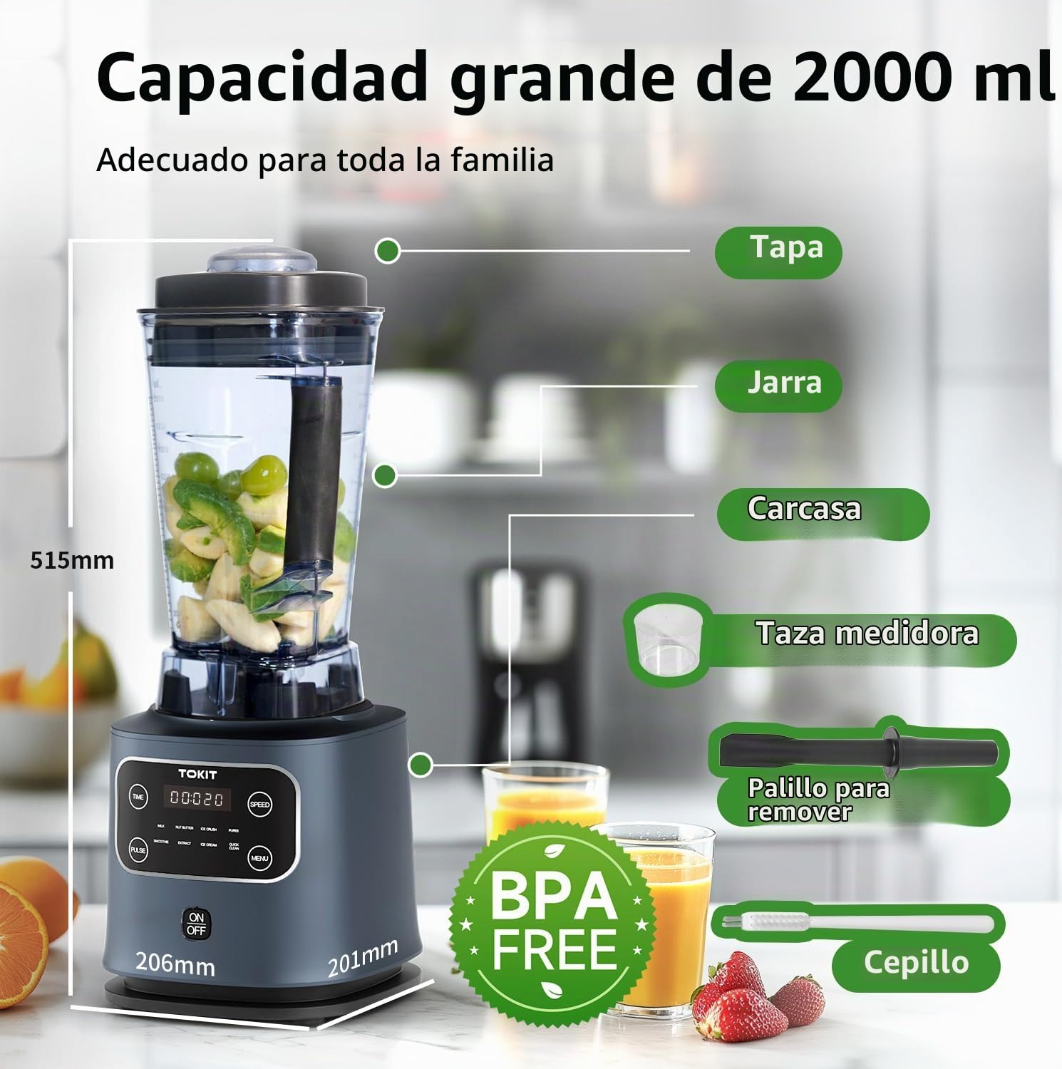 TOKIT 8-EN-1 Batidora de Vaso 2000ML, Blender Pro Metallo 1400W con LCD Táctil y 8 Menús y 9 Velocidades Picadora De Hielo para Smoothie, Moler Especias y Licuadora Multiusos